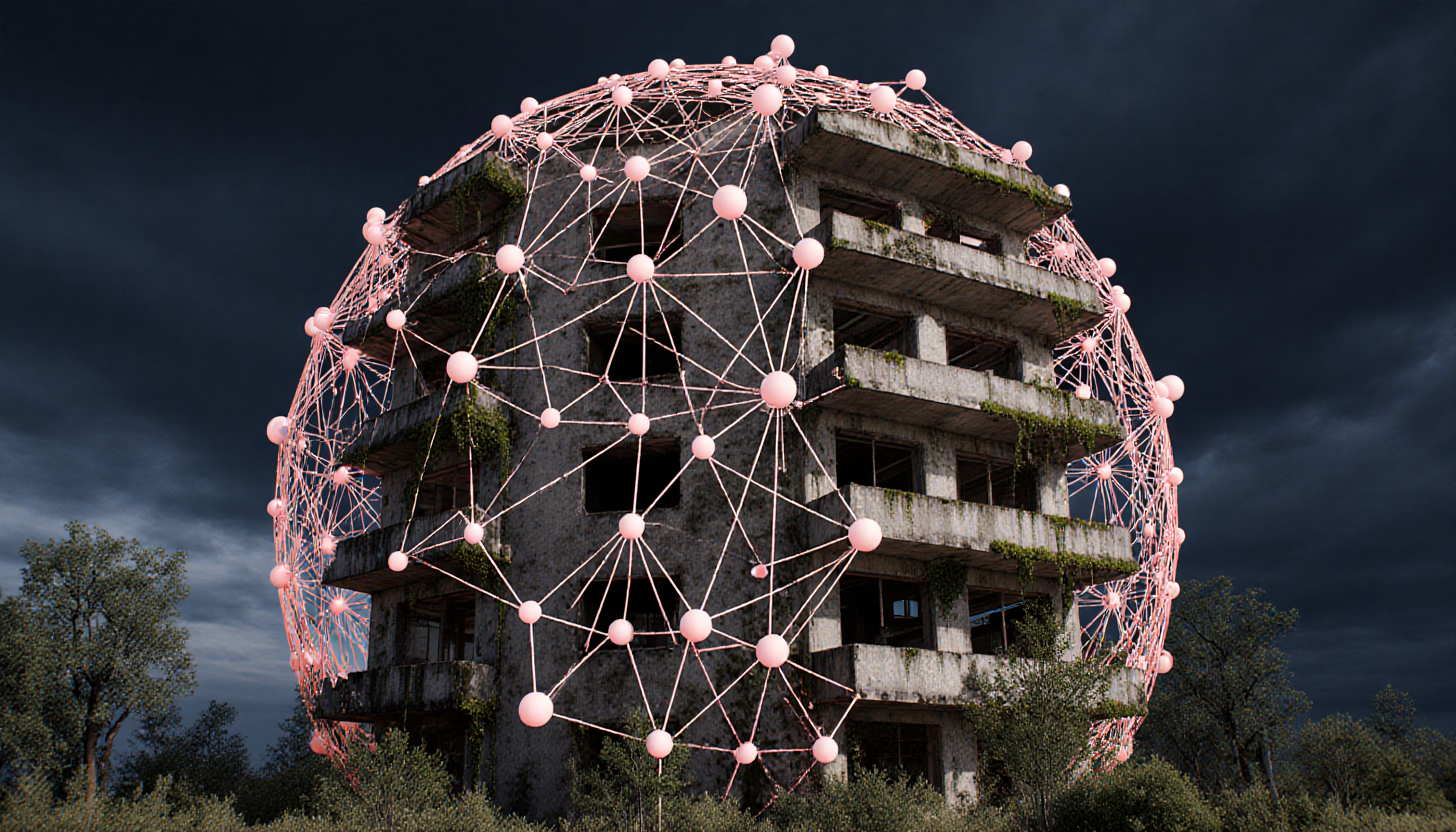 A decaying building encased in a geometric, pink-glowing sphere against a dramatic sky.