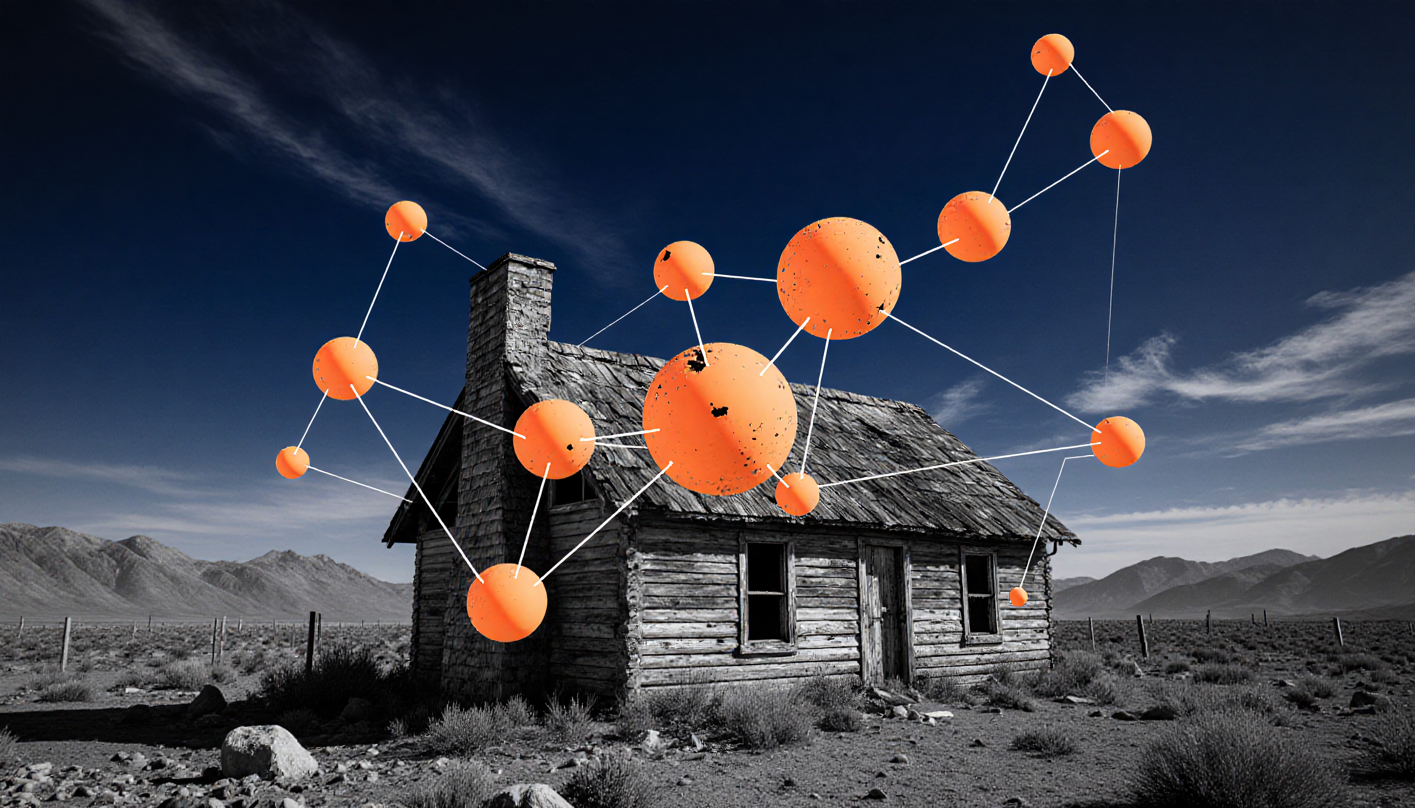 Abstract Digital Concept Overlaying a Historic Cabin in a Desert