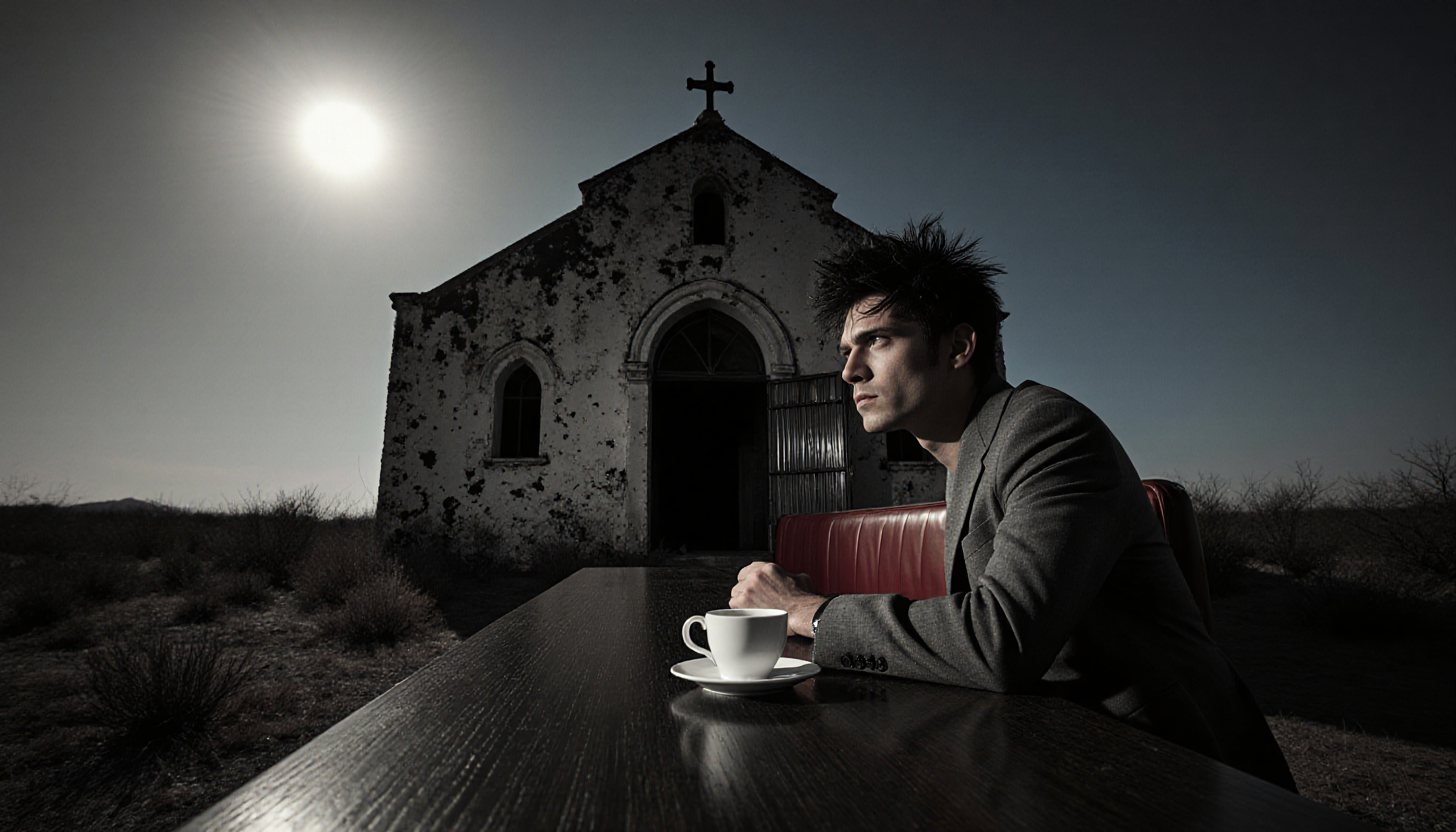Man in suit sitting at a wooden table outdoors with an old church and sun setting behind, creating a mood of solitude.