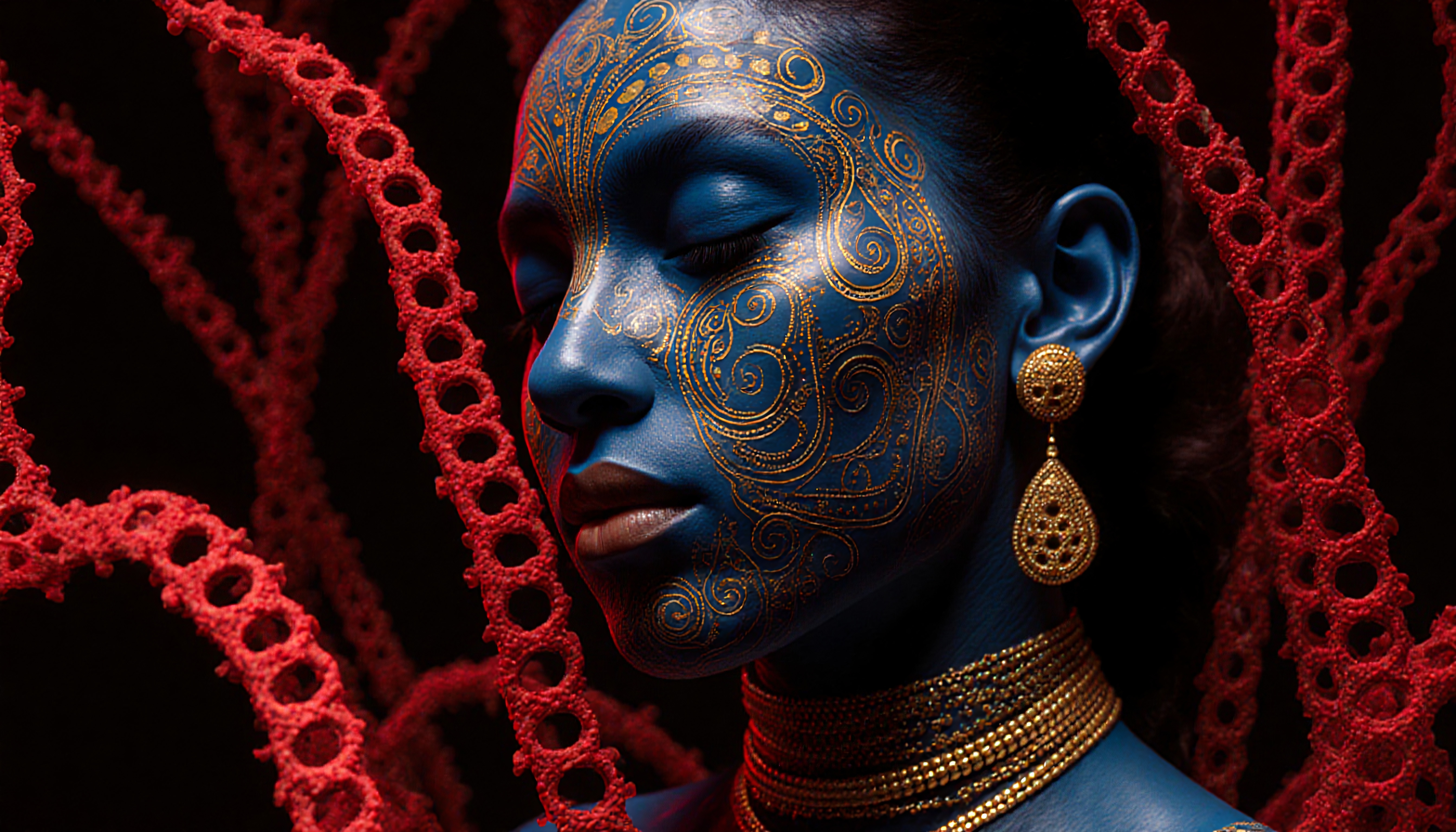 A woman's face is painted in blue with golden patterns surrounded by red coral-like elements.