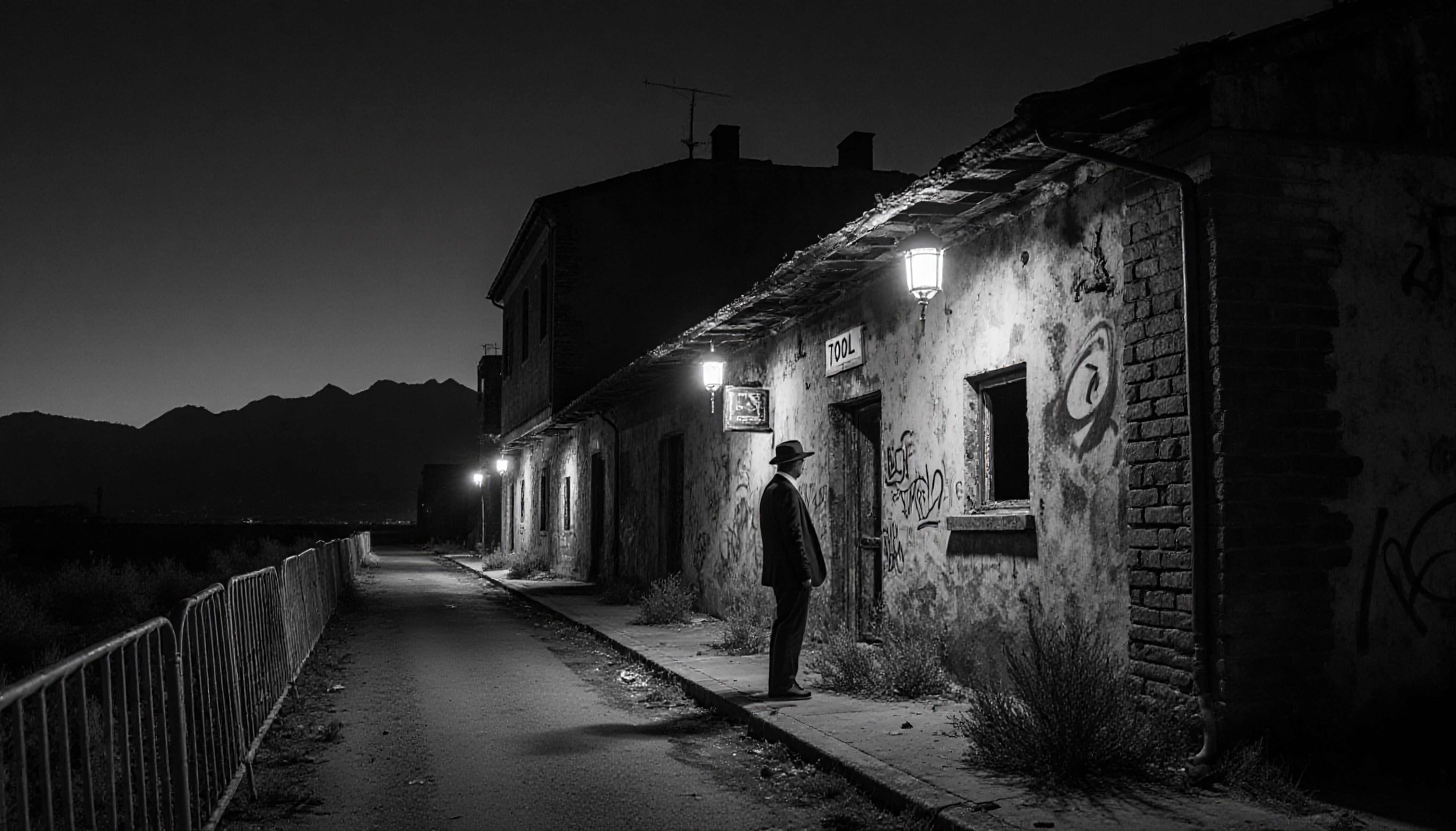 Black and white photo of a man standing in a dimly lit alley with mountains in the background.