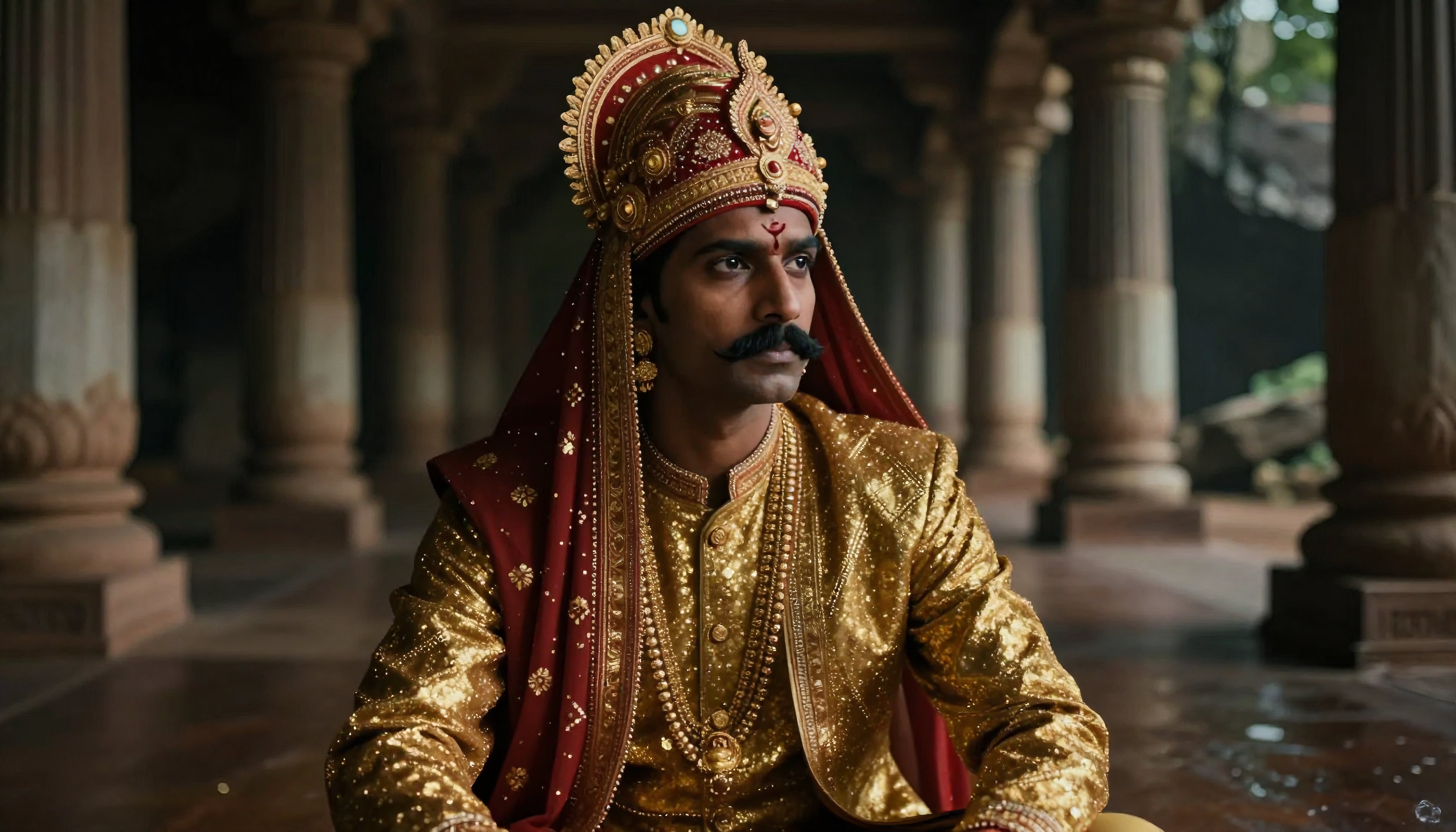 A person in ornate royal attire with a golden outfit and jeweled turban seated in a historical architectural setting.
