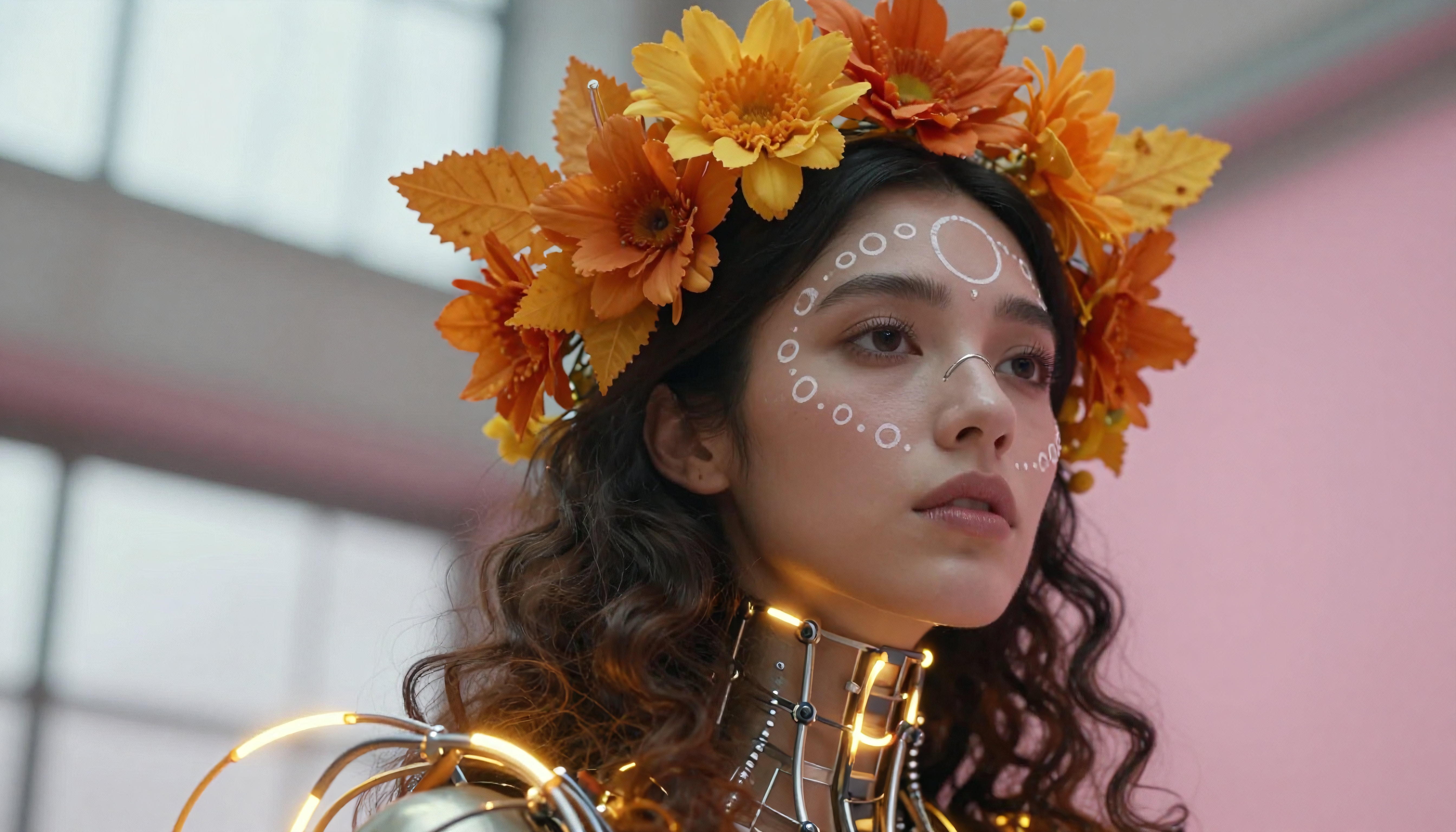 A woman in futuristic attire with a floral crown and tribal makeup, against a blurred background.