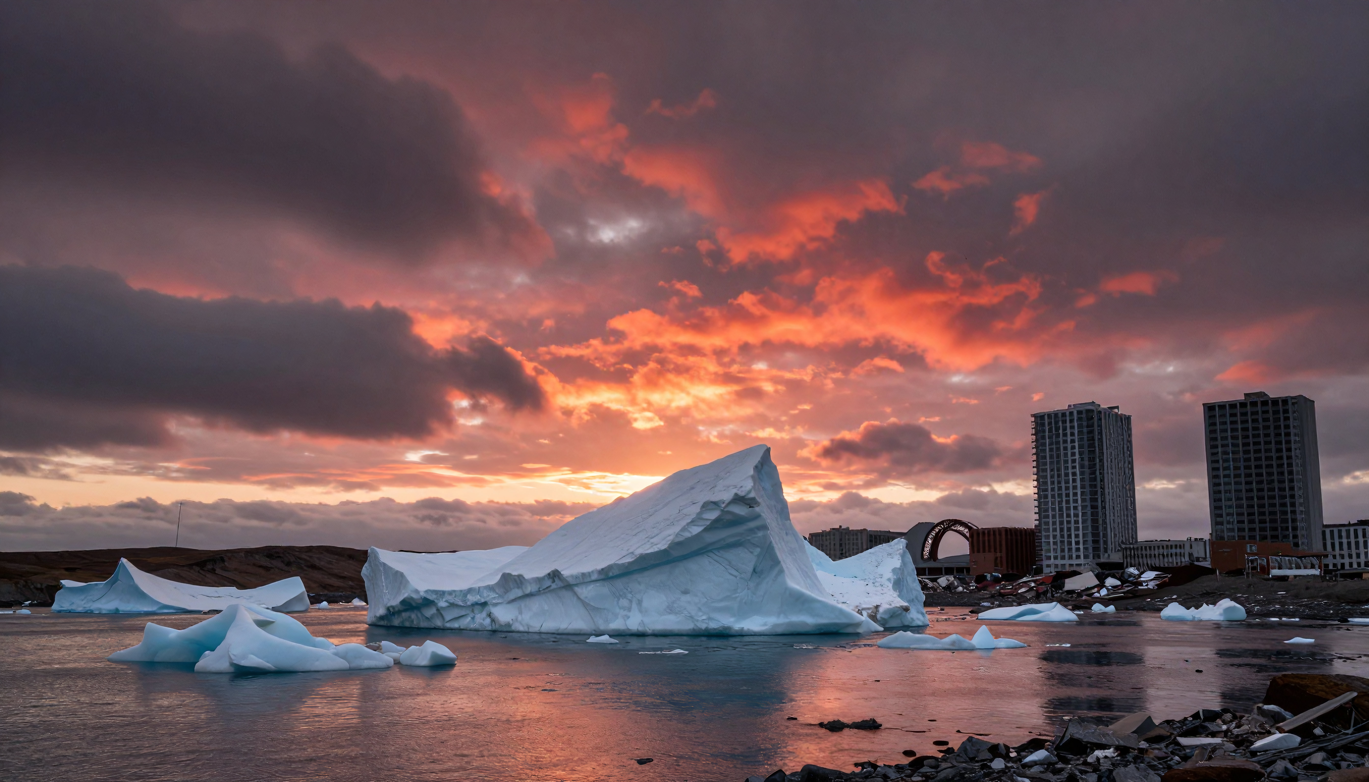 Dramatic Sunset Over Arctic Water with Icebergs and Urban Skylin