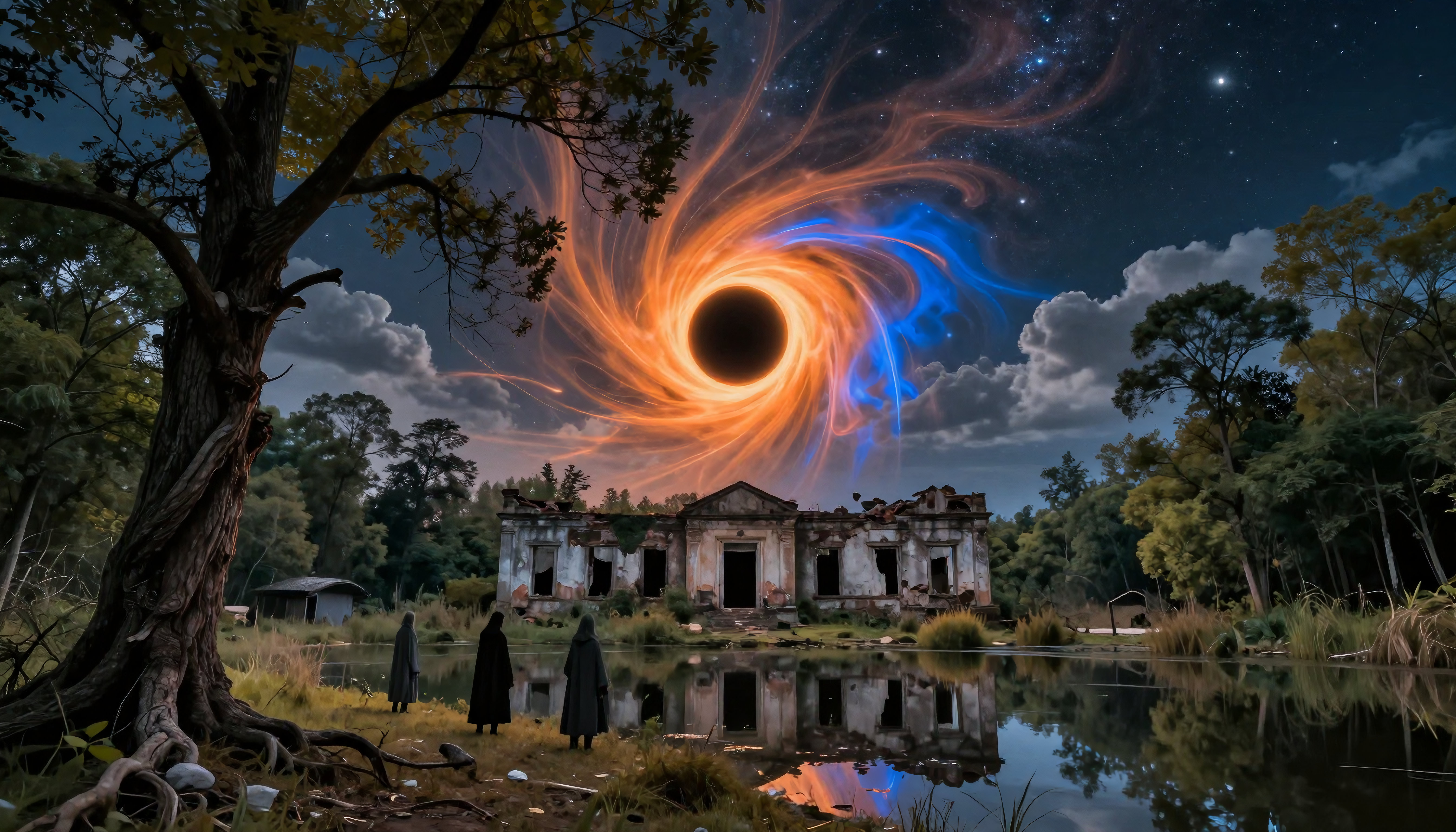 Cosmic Vortex Over Abandoned Estate with Silhouetted Figures