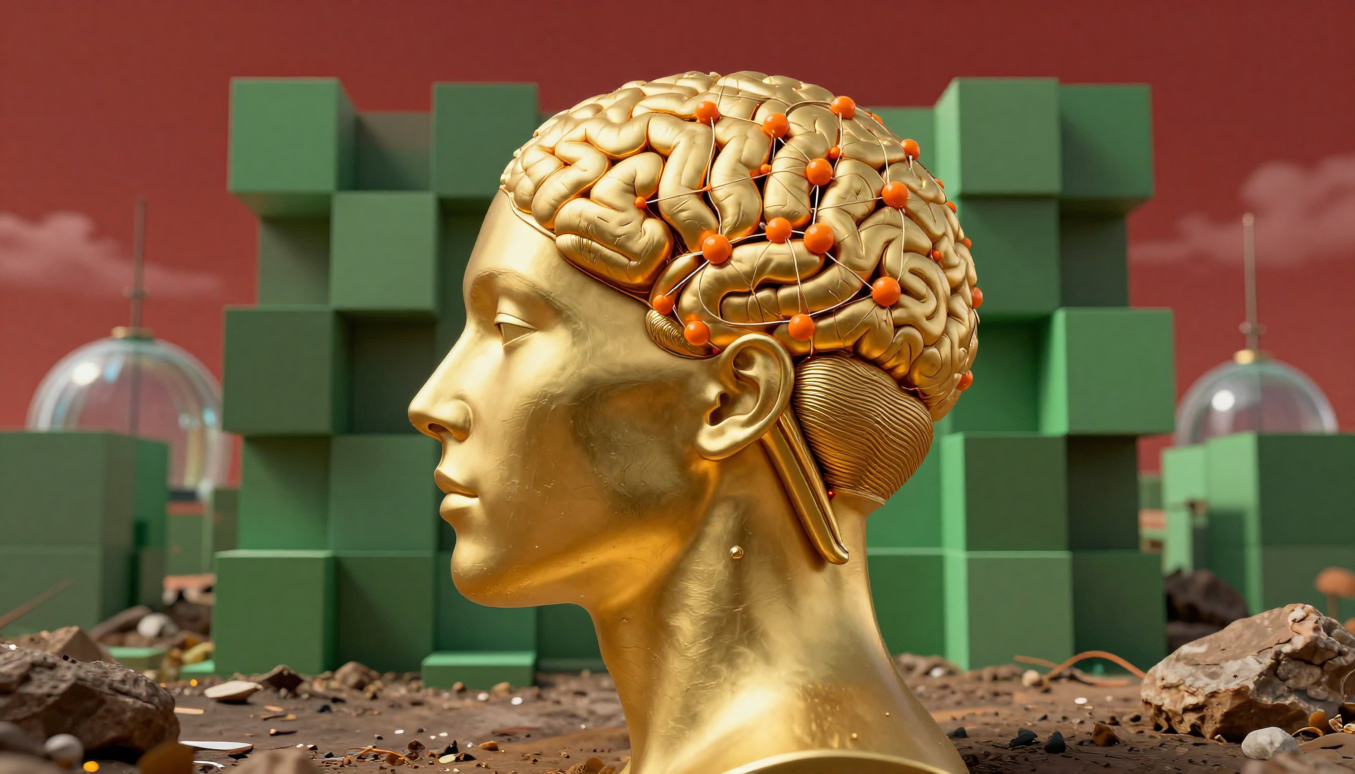 Golden metallic head with exposed brain, surrounded by futuristic elements and geometric structures.