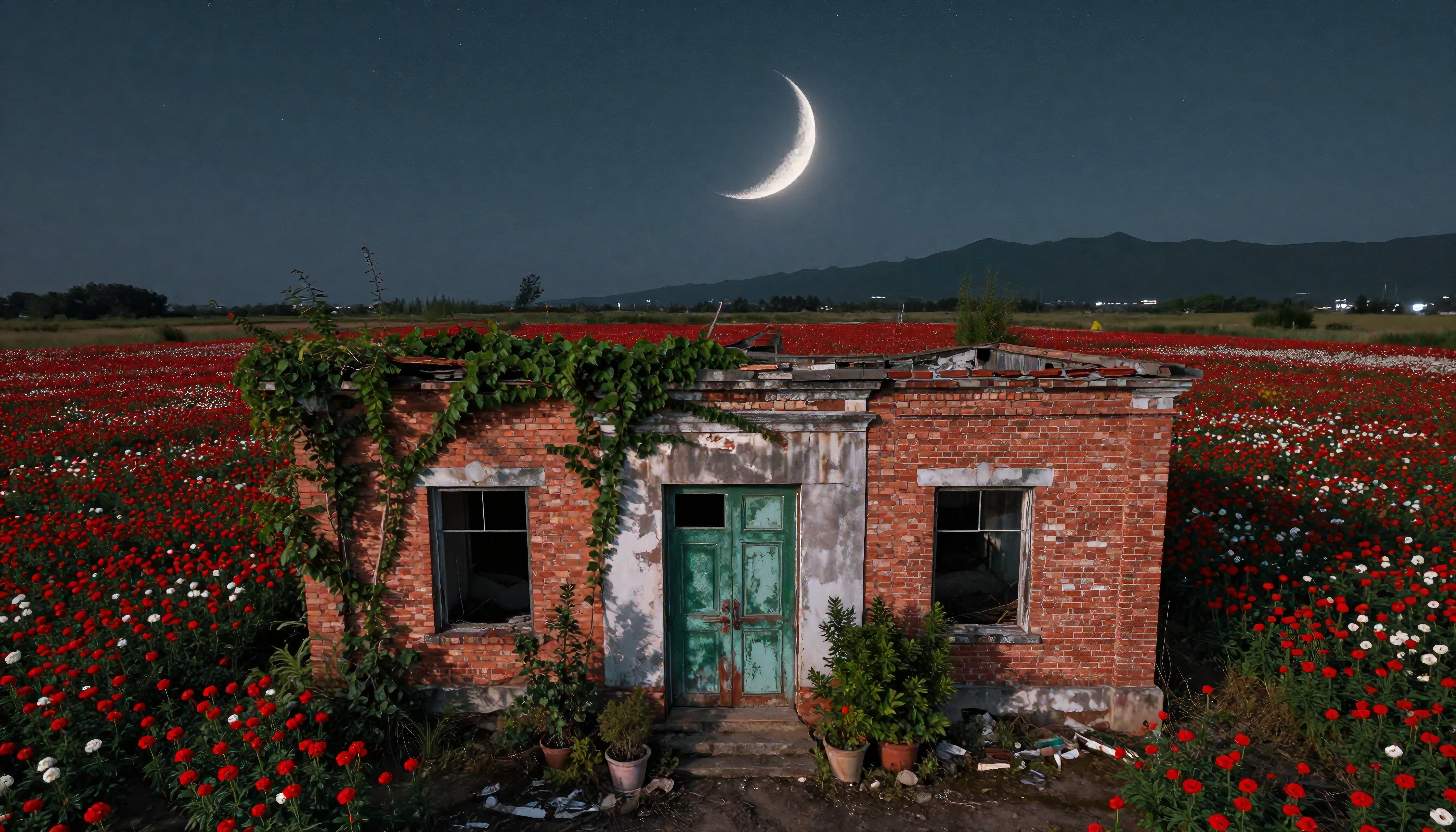 Abandoned brick house in vibrant flower field under crescent moon at night.