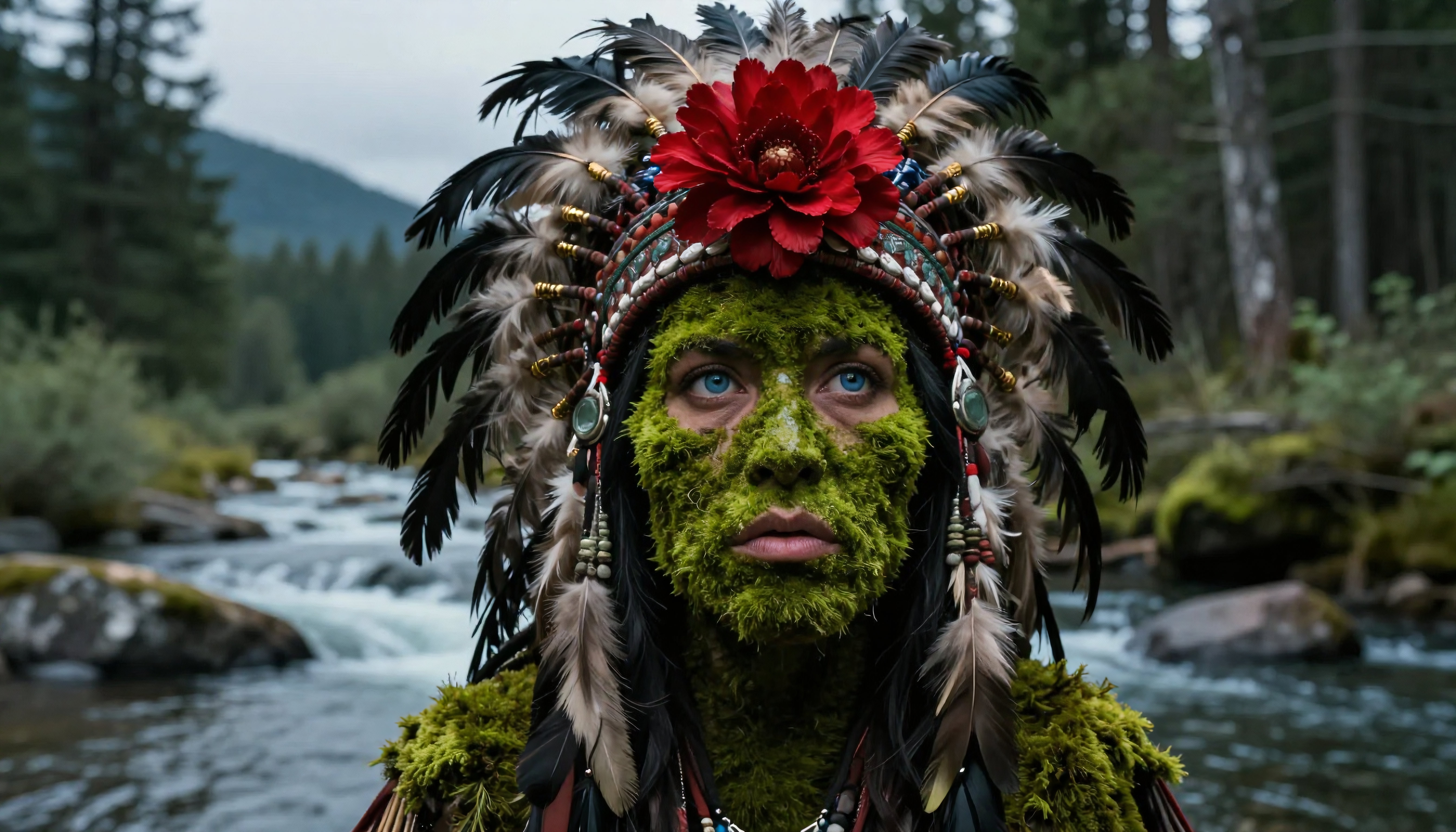 Mystical Indigenous Woman With Feather Headdress Standing By Forest Stream