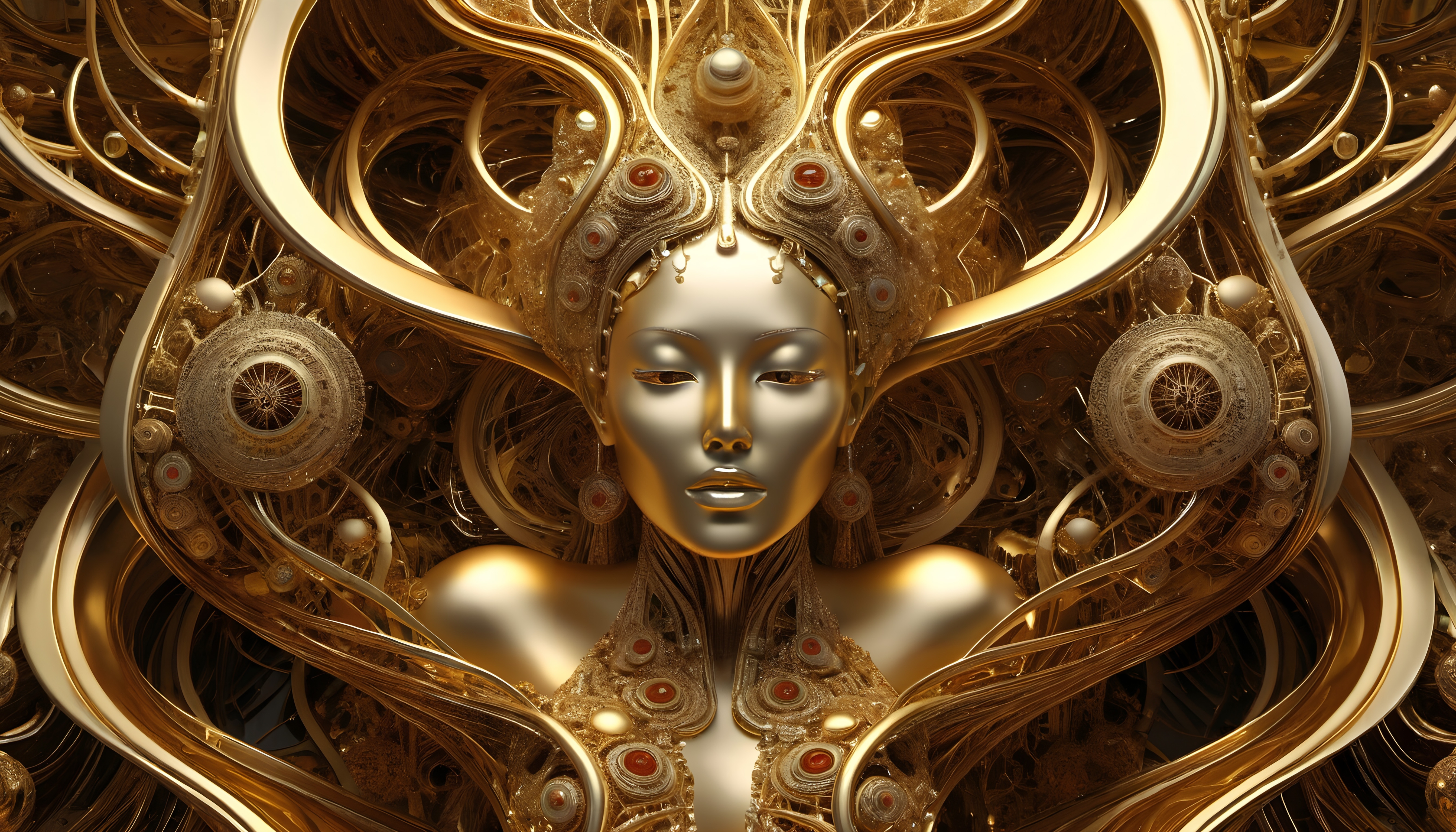 Futuristic golden humanoid face with intricate decorations.