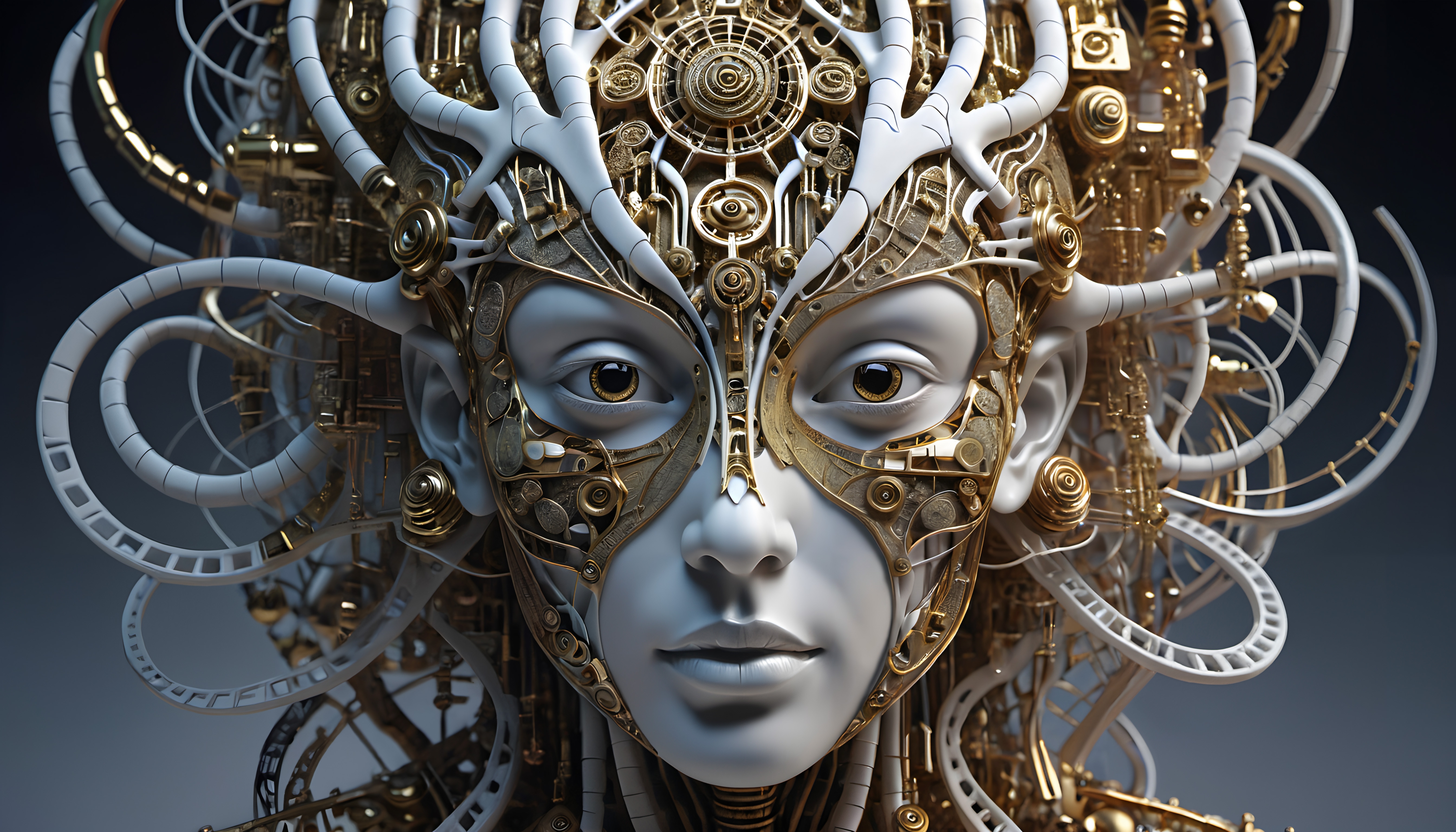 Futuristic cyborg face with intricate mechanical detailing.