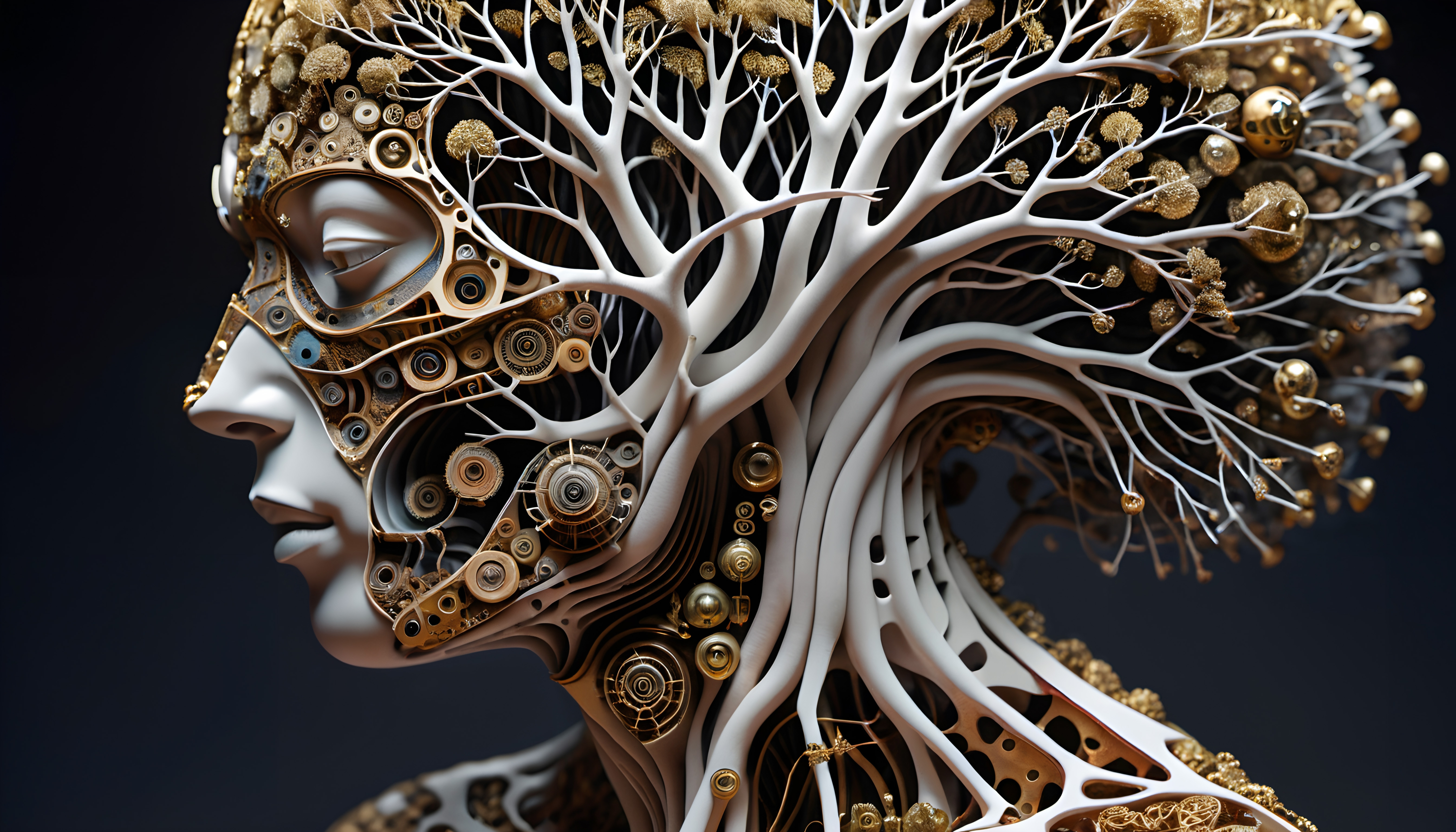 An intricate fusion of mechanical and organic elements, depicting a futuristic humanoid.