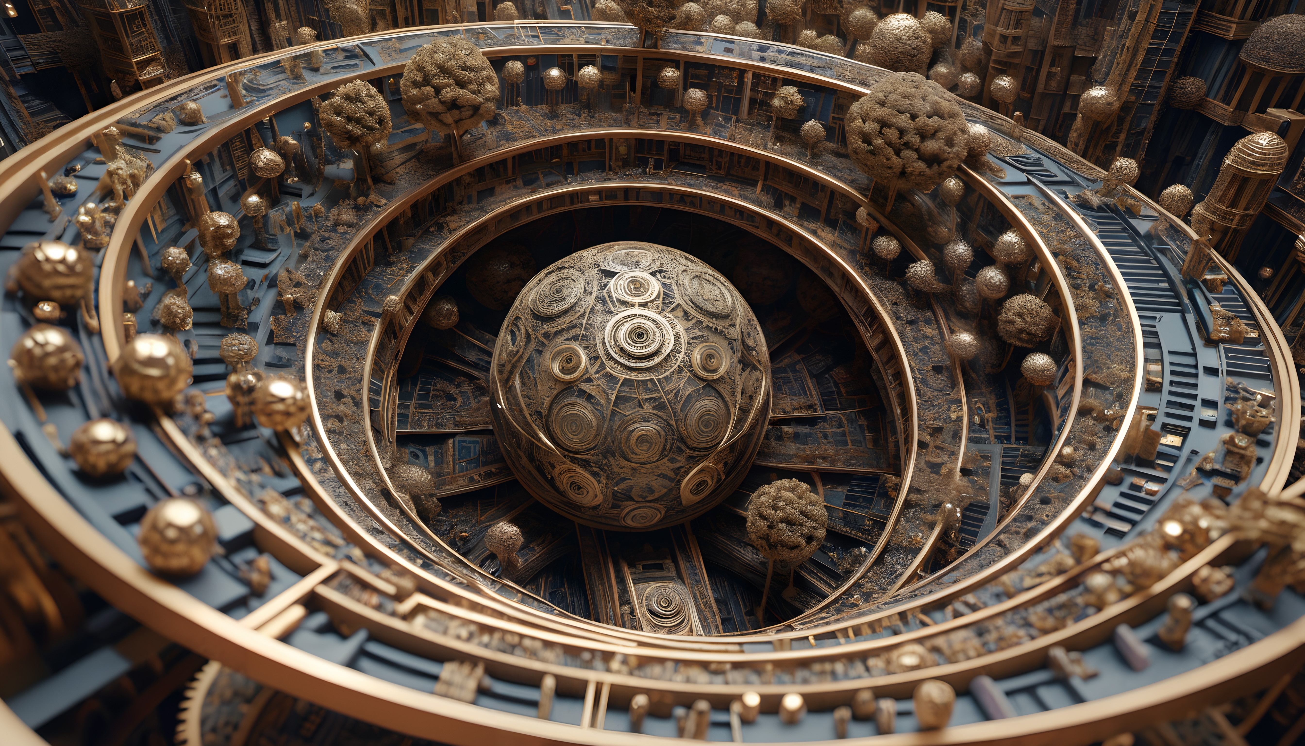 Intricate digital artwork of ornate spiraling structures with a central spherical focus, blending futuristic and steampunk aesthetics.