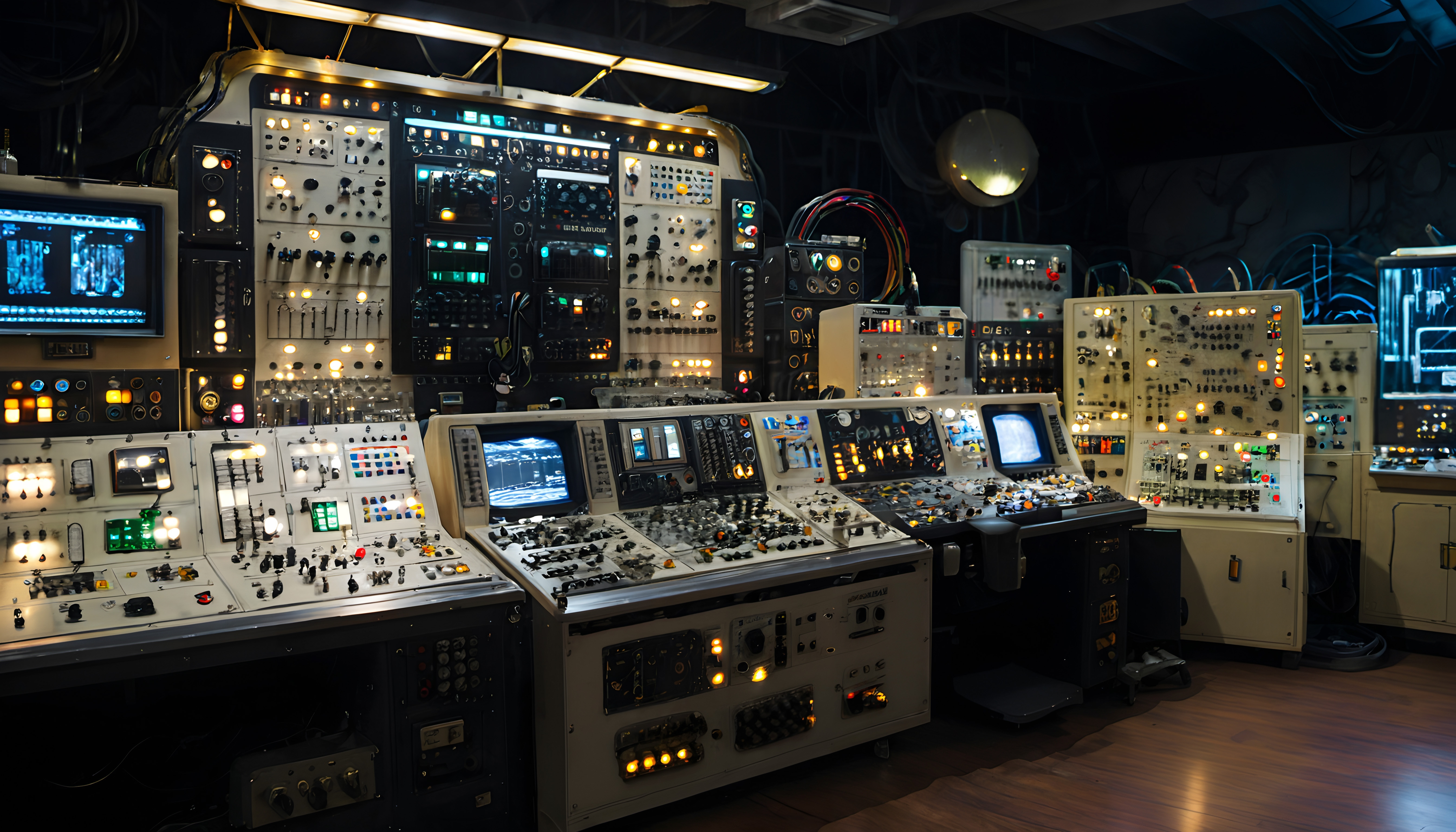 Vintage control room filled with dials, switches, and glowing monitors displaying data.