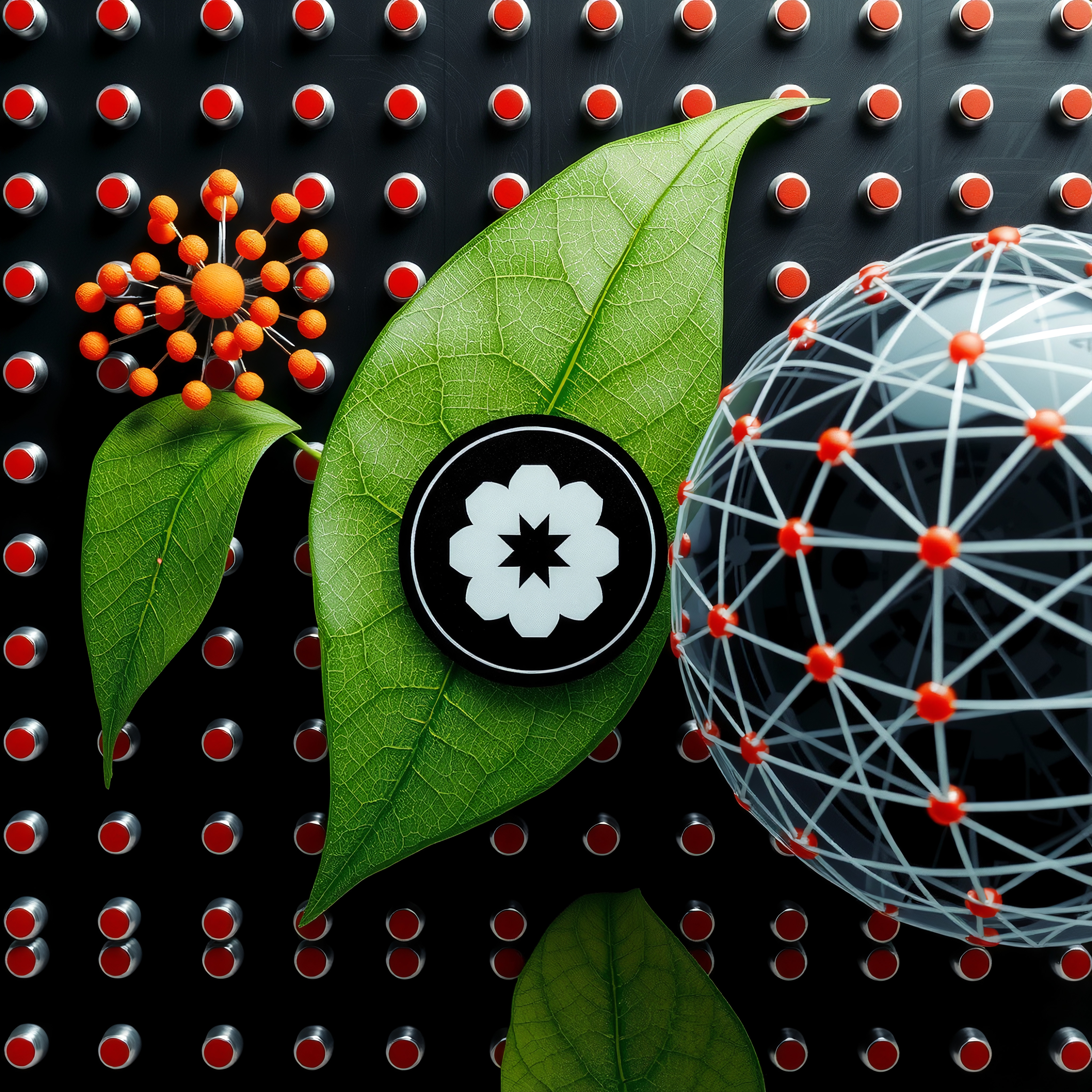 A green leaf and network sphere with red nodes against a dark grid background.