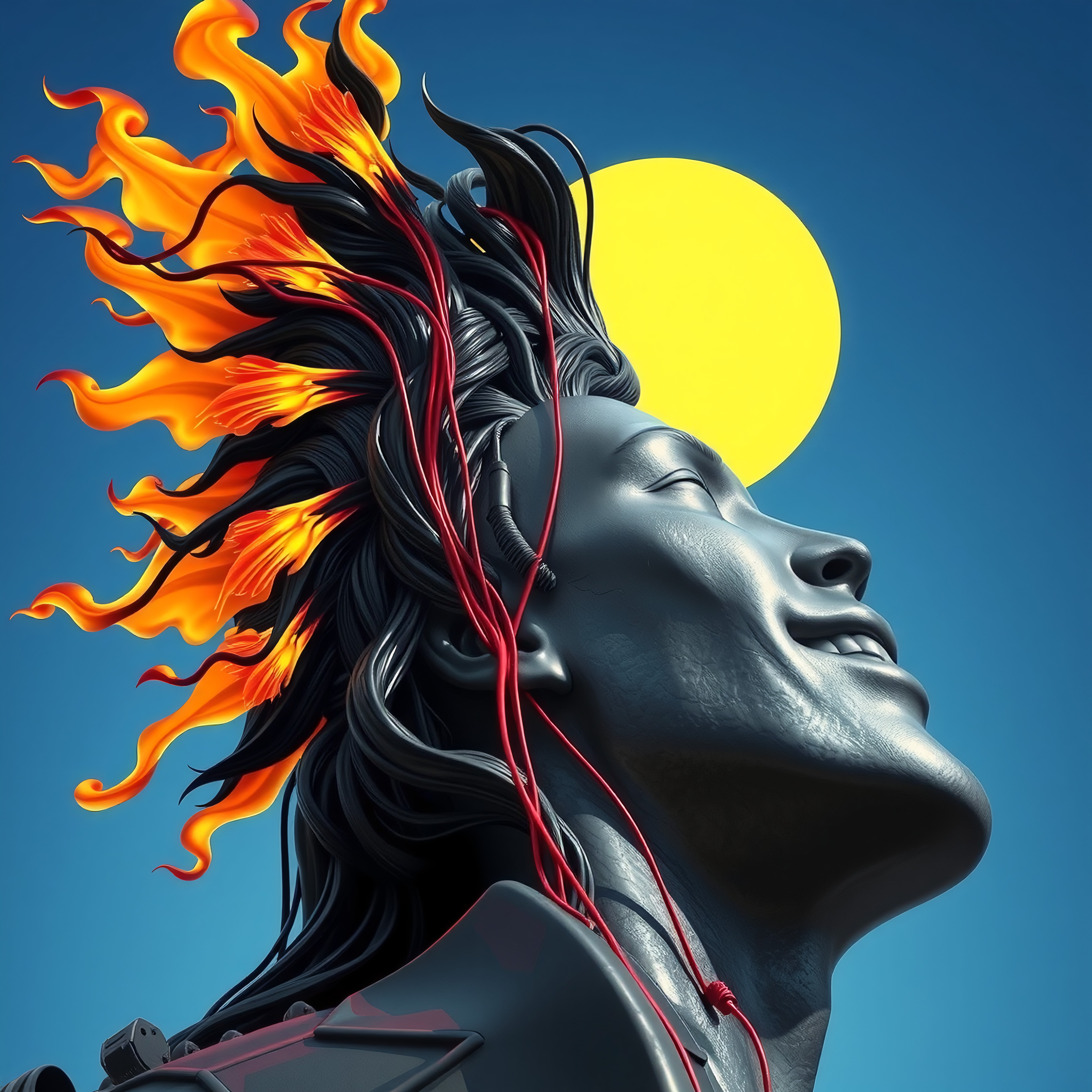 Futuristic Figure with Flaming Hair and Cybernetic Elements