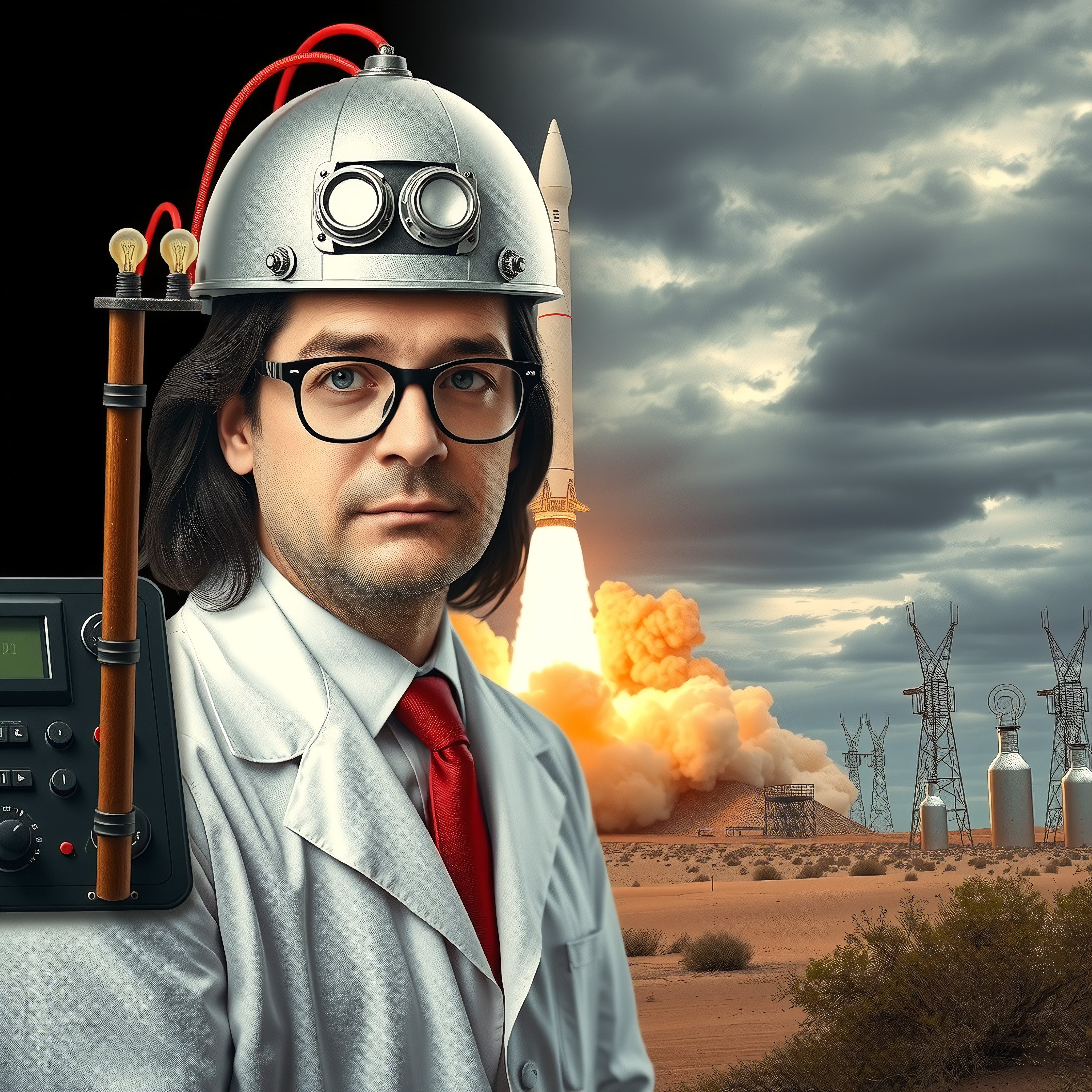 Mad scientist in lab coat rocket launch desert landscape