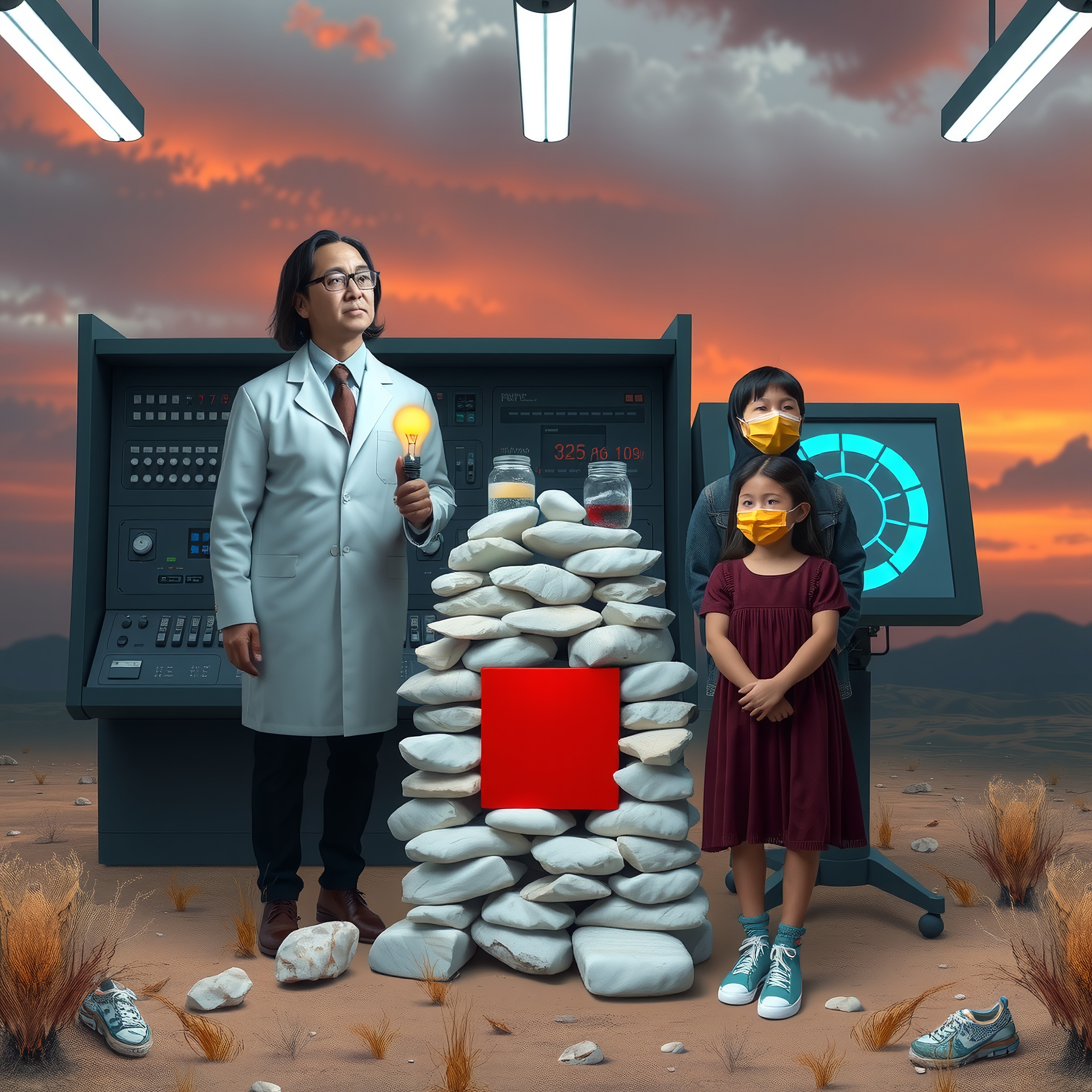 A scientist with children in a desert, near a control panel at sunset.