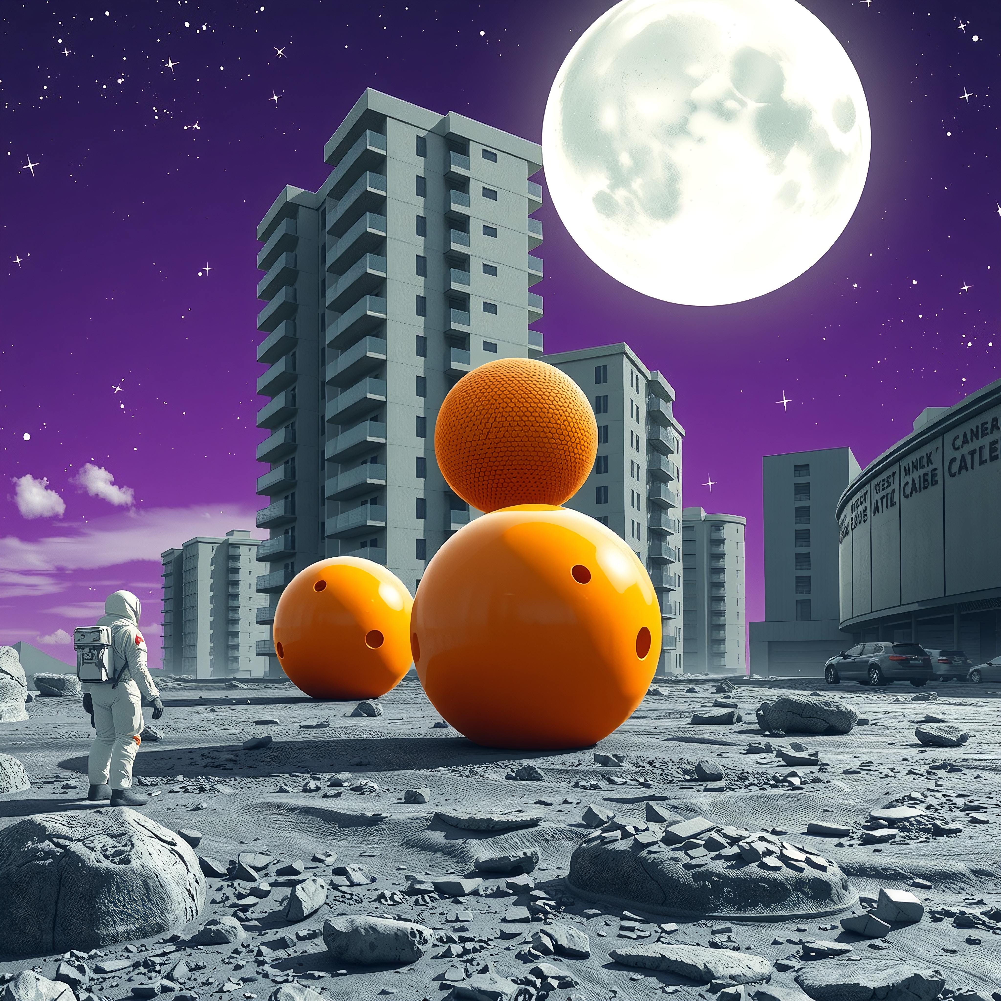 A surreal scene with an astronaut in a futuristic urban landscape under a full moon with large orange spheres and purple sky.