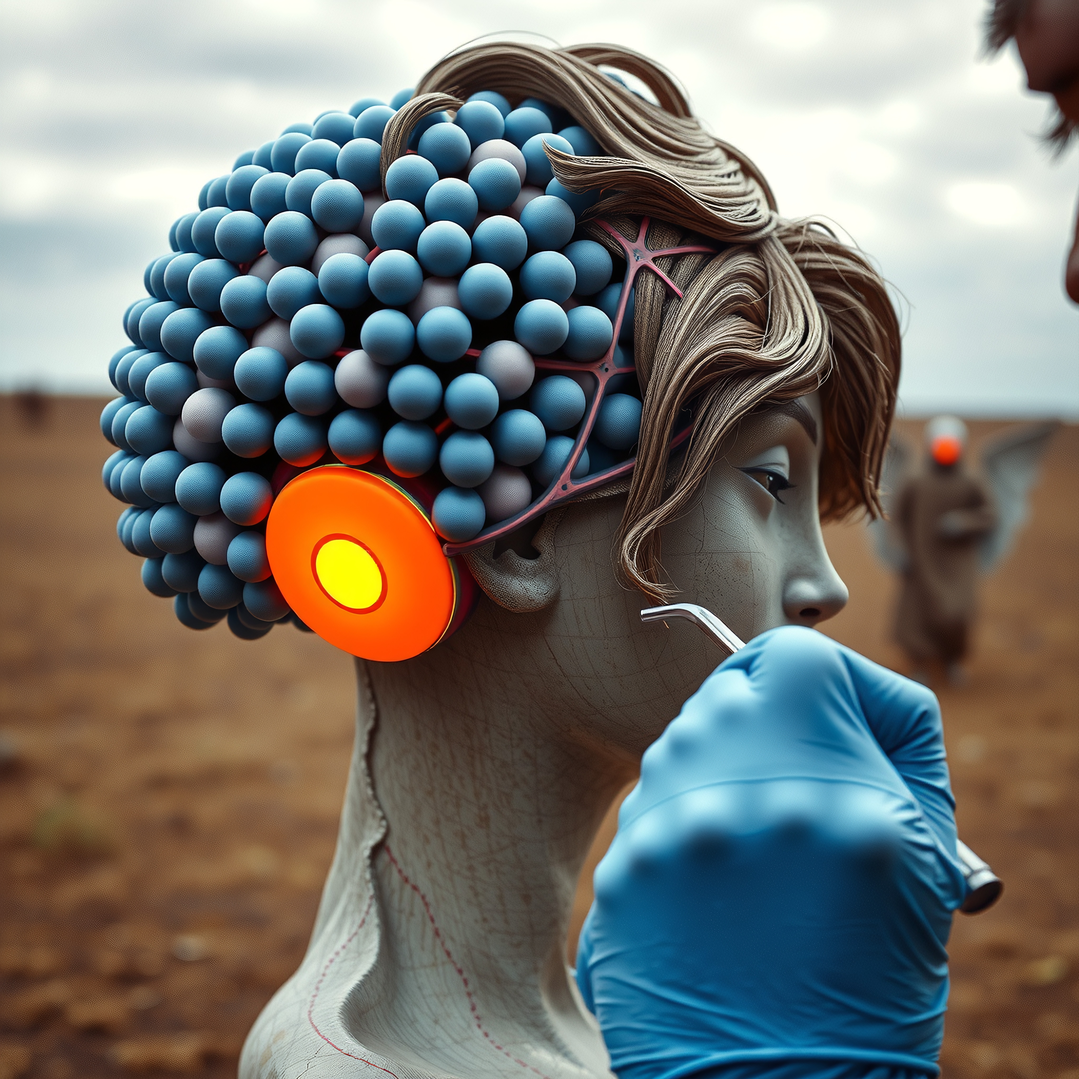 A futuristic humanoid with a blue spherical headpiece and glowing orange device receives technical examination outdoors.
