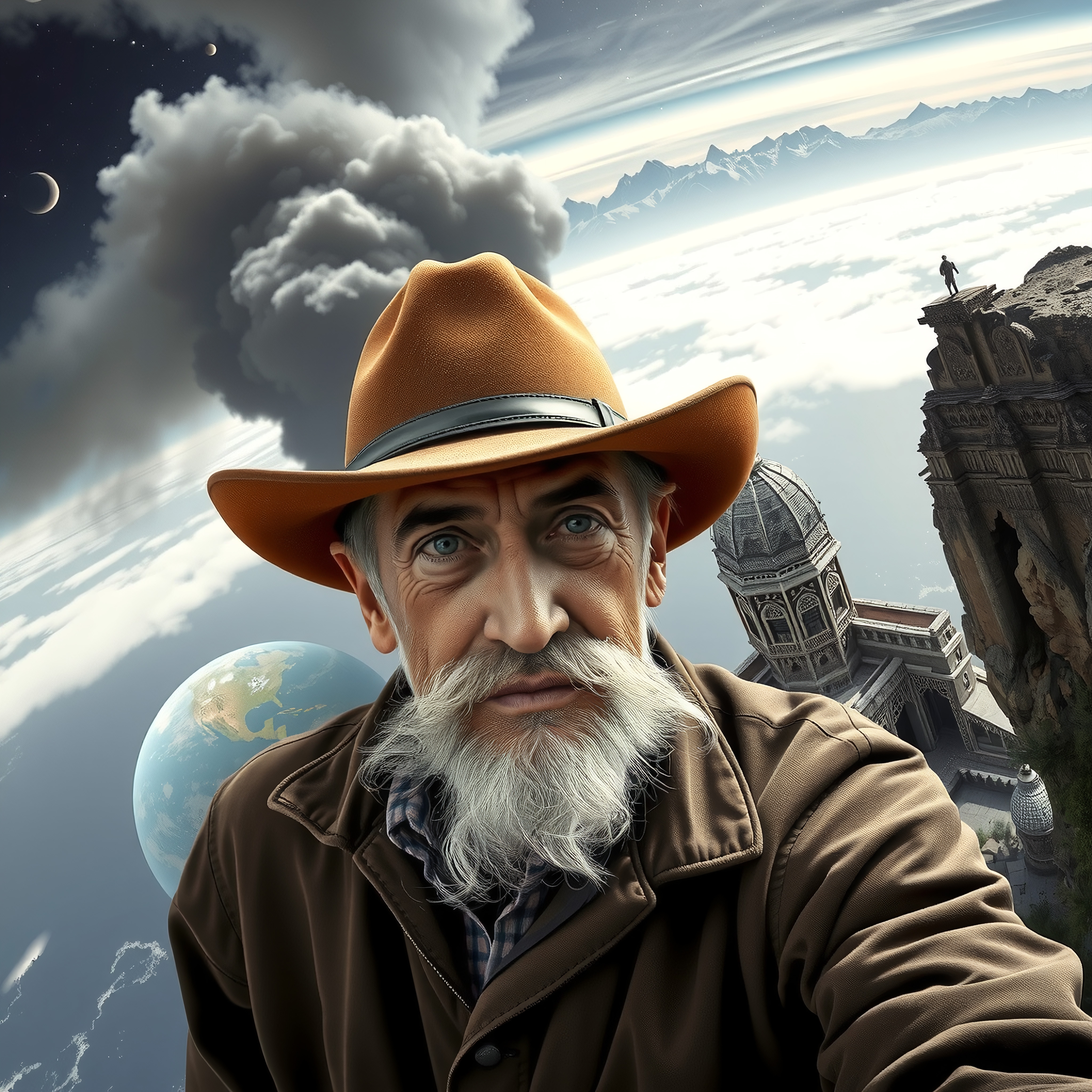 A bearded man in cowboy hat fronting a surreal landscape of celestial bodies and ancient structures.