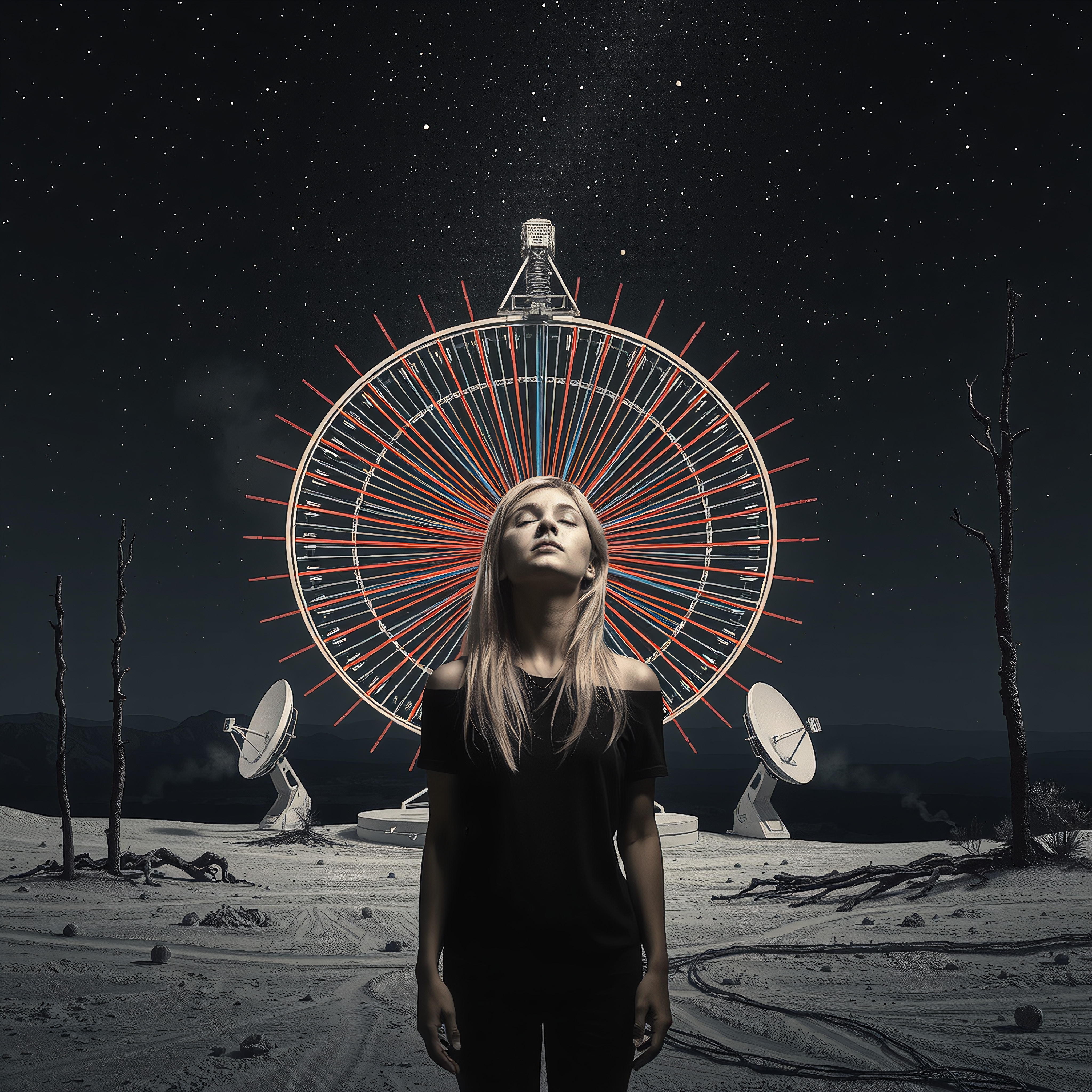 A contemplative woman stands at night in a surreal landscape with a Ferris wheel and satellite dishes under a starry sky.