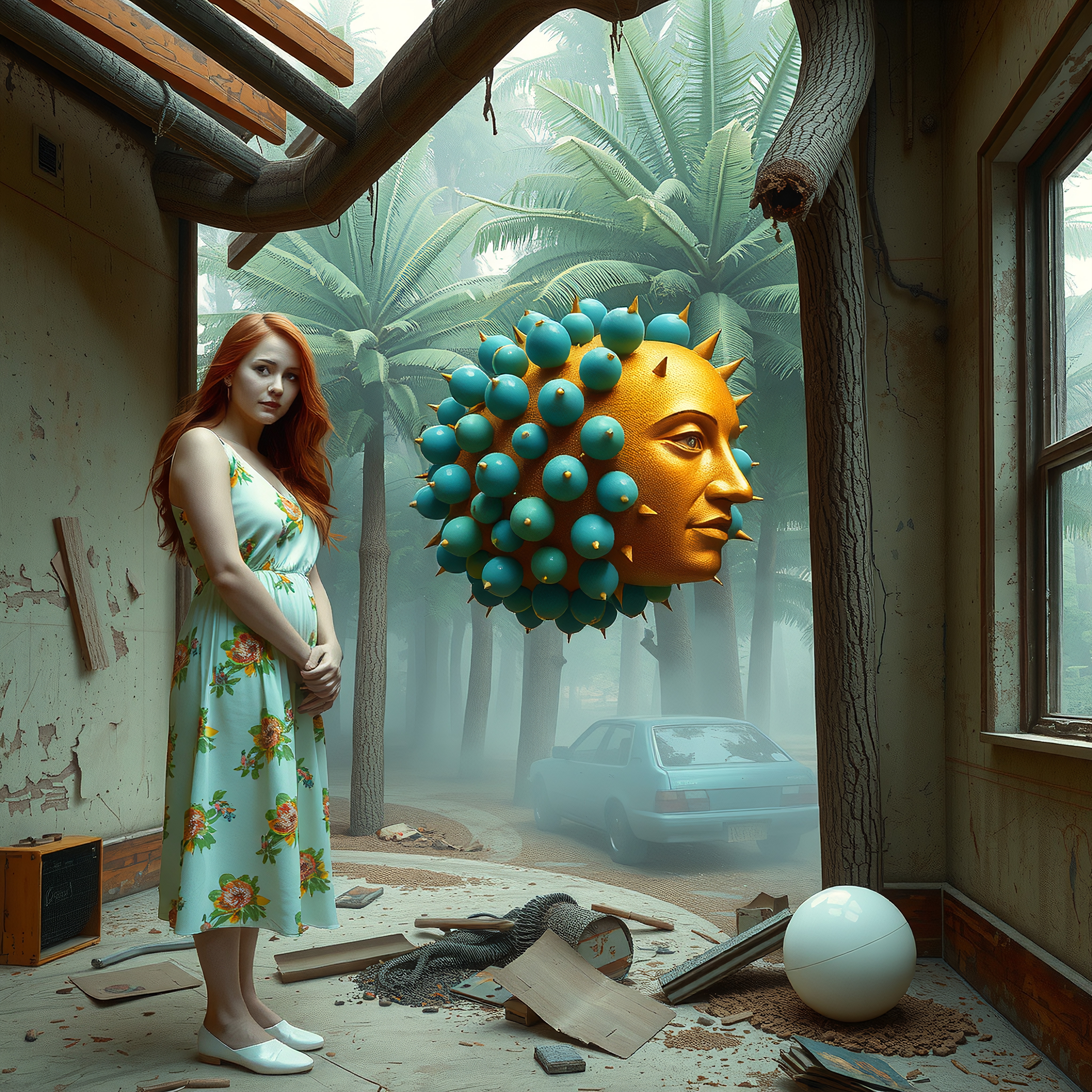 A woman in a floral dress stands indoors with a surreal golden orb, misty palm forest outside.