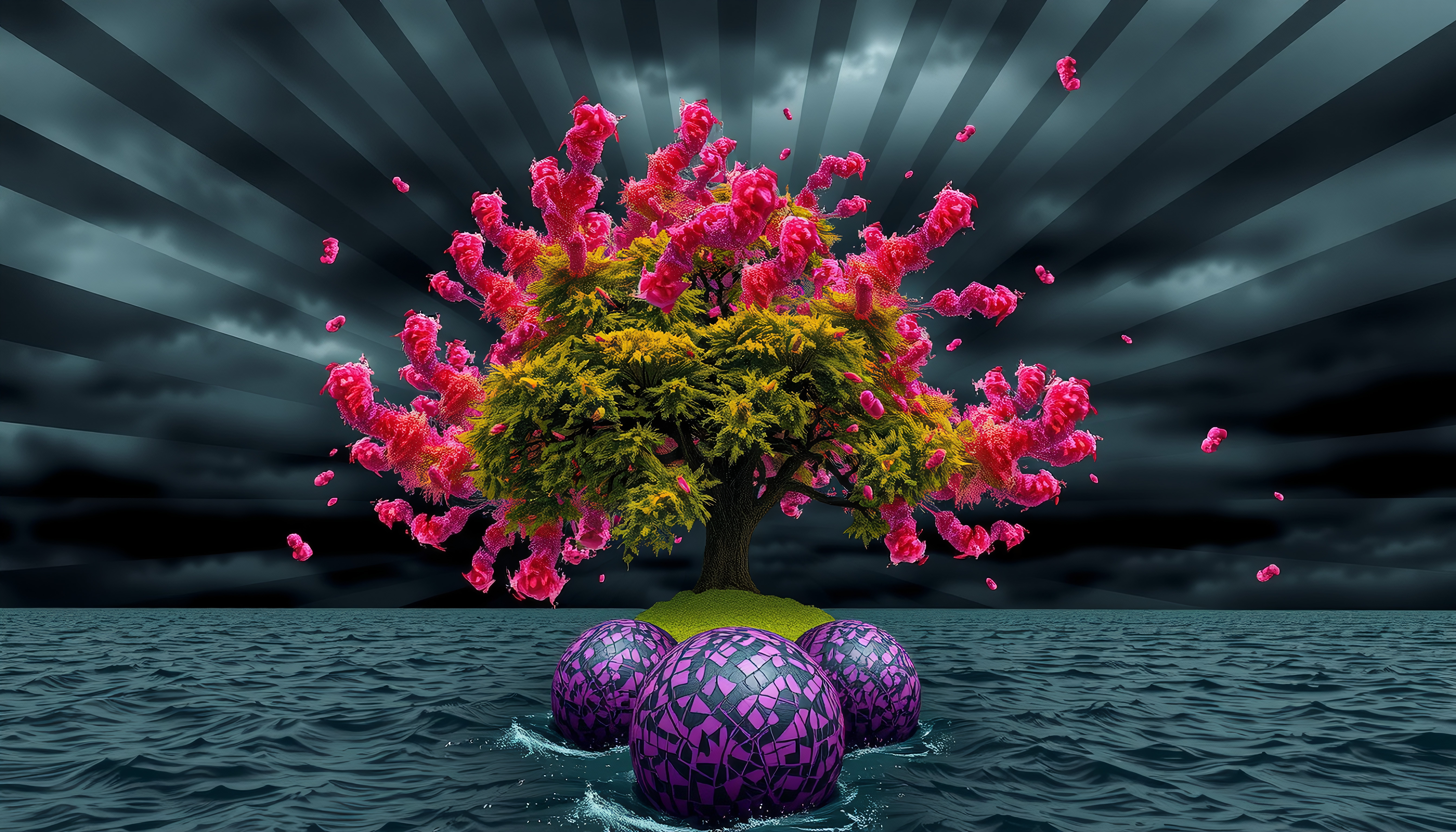 Surreal tree with pink blossoms on a small grassy island surrounded by mosaic spheres in mystic waters.