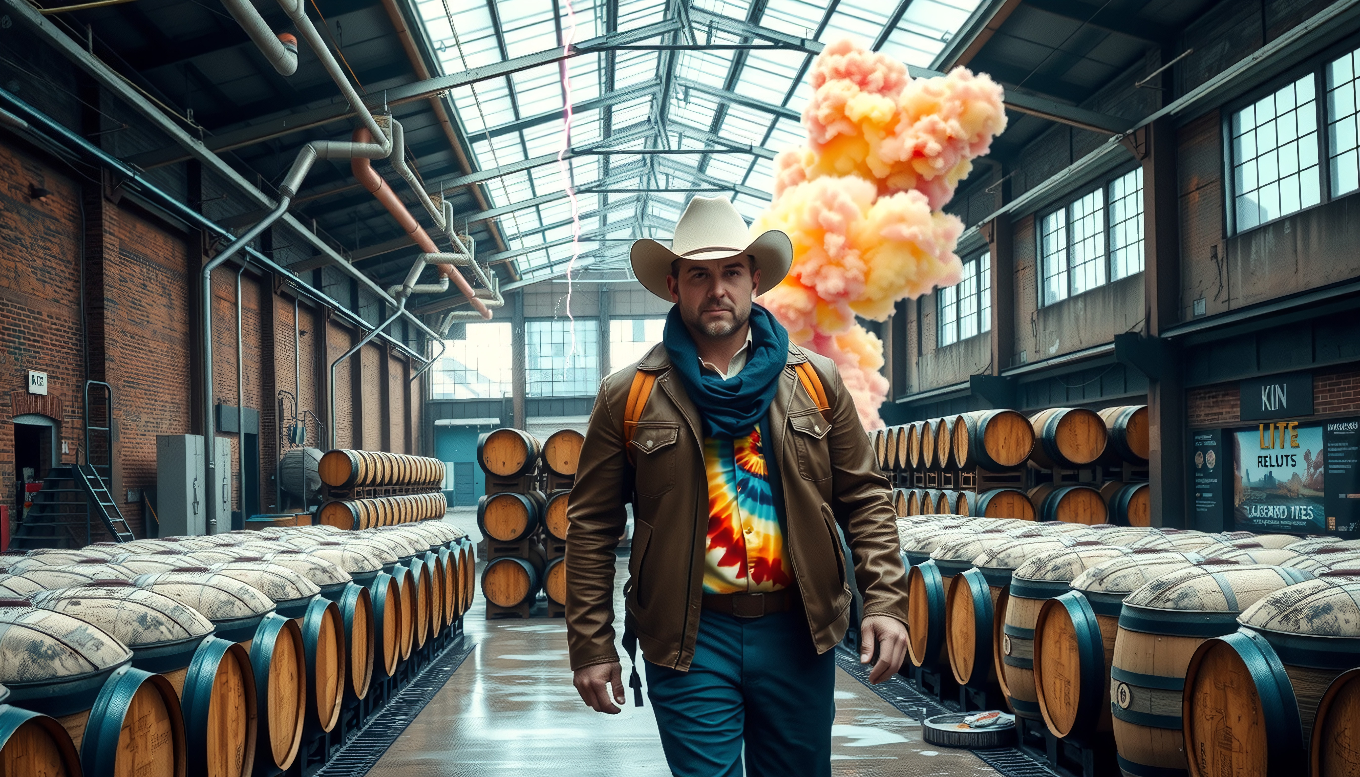 A man in a cowboy hat walks through a barrel room with colorful smoke.