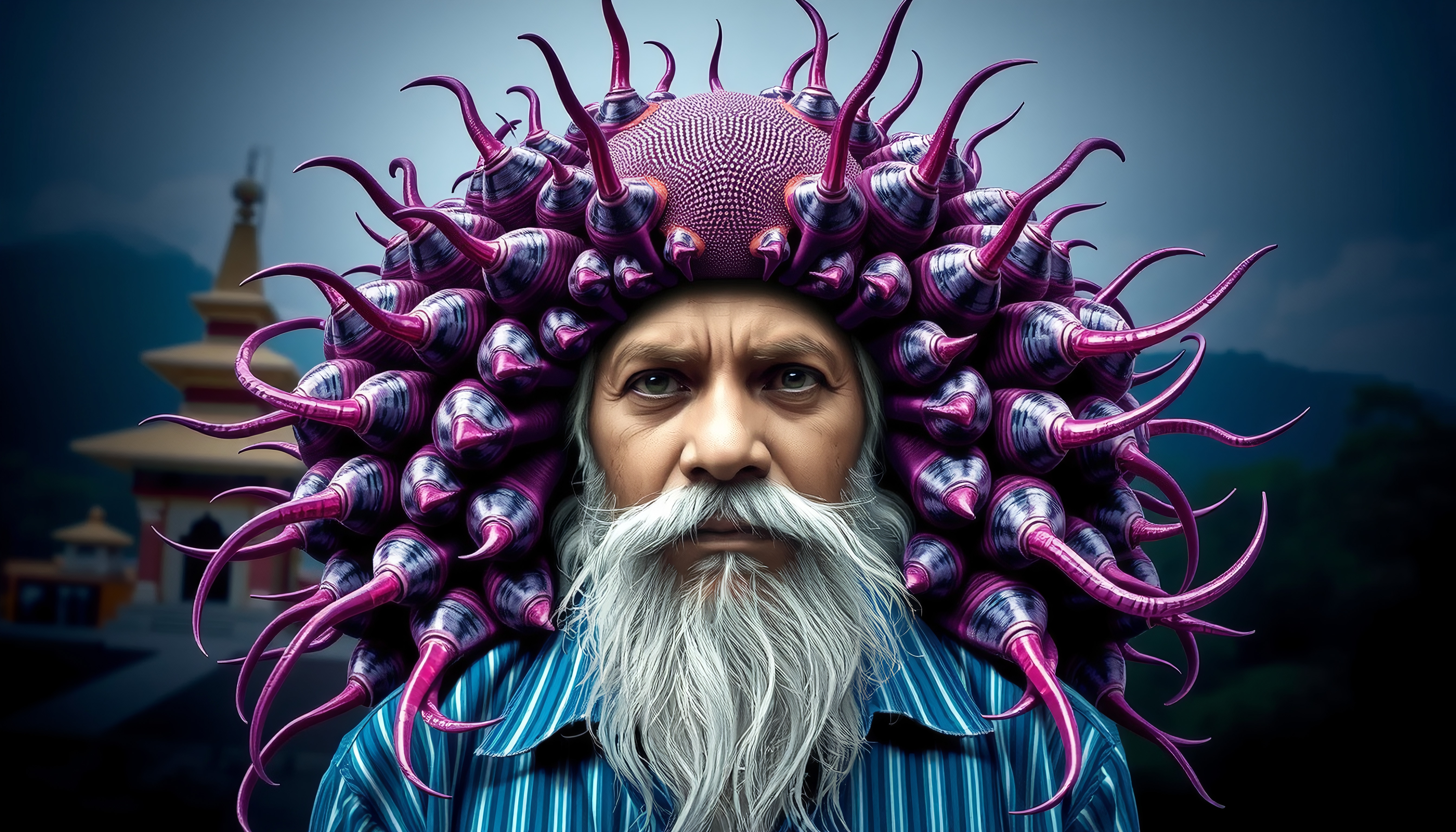 An elderly man with a unique, vibrant headpiece resembling sea urchin spines, set against an outdoor background with traditional architecture.