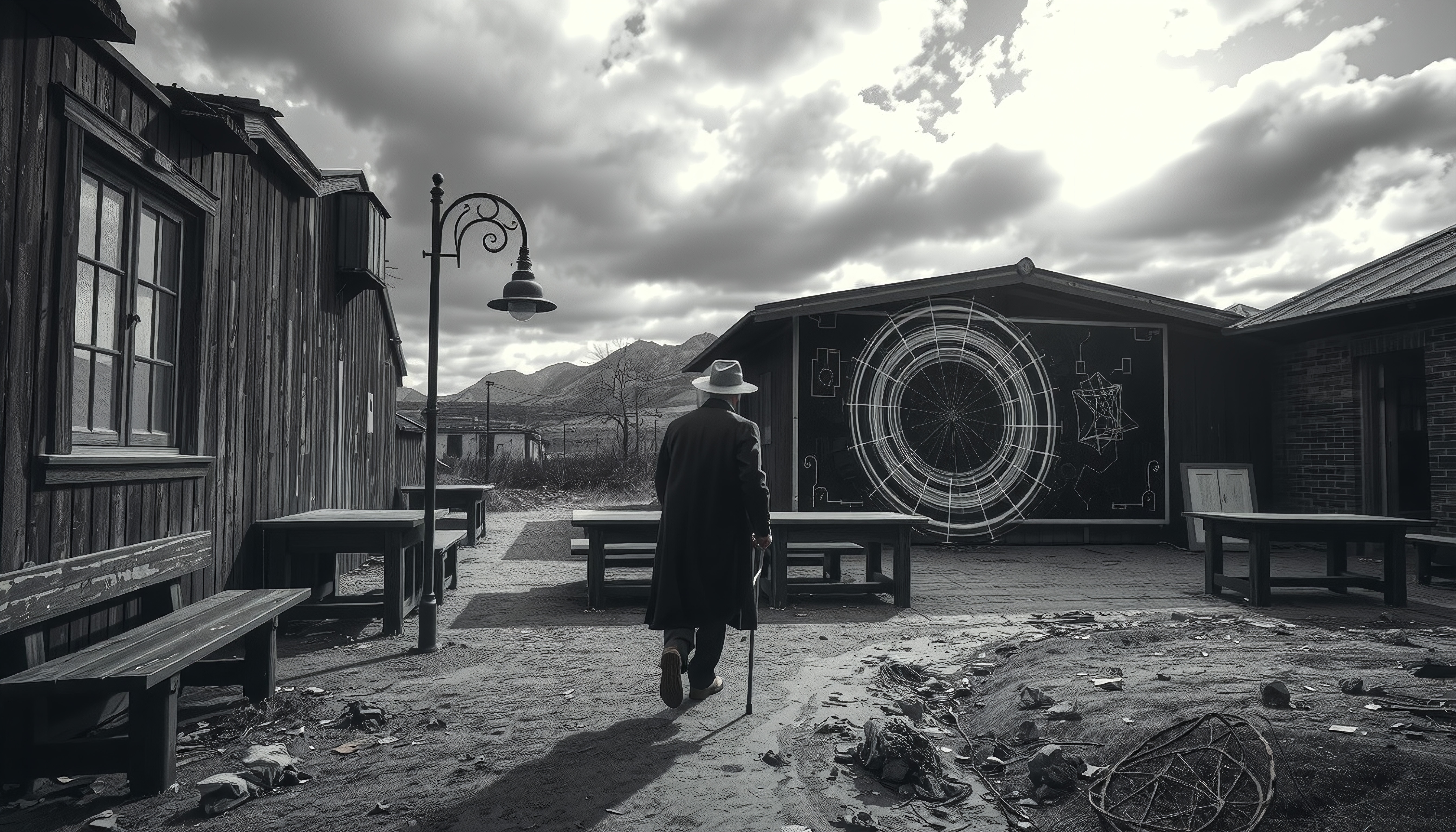 A man in a coat and hat walks through a desolate courtyard with geometric designs on a building.