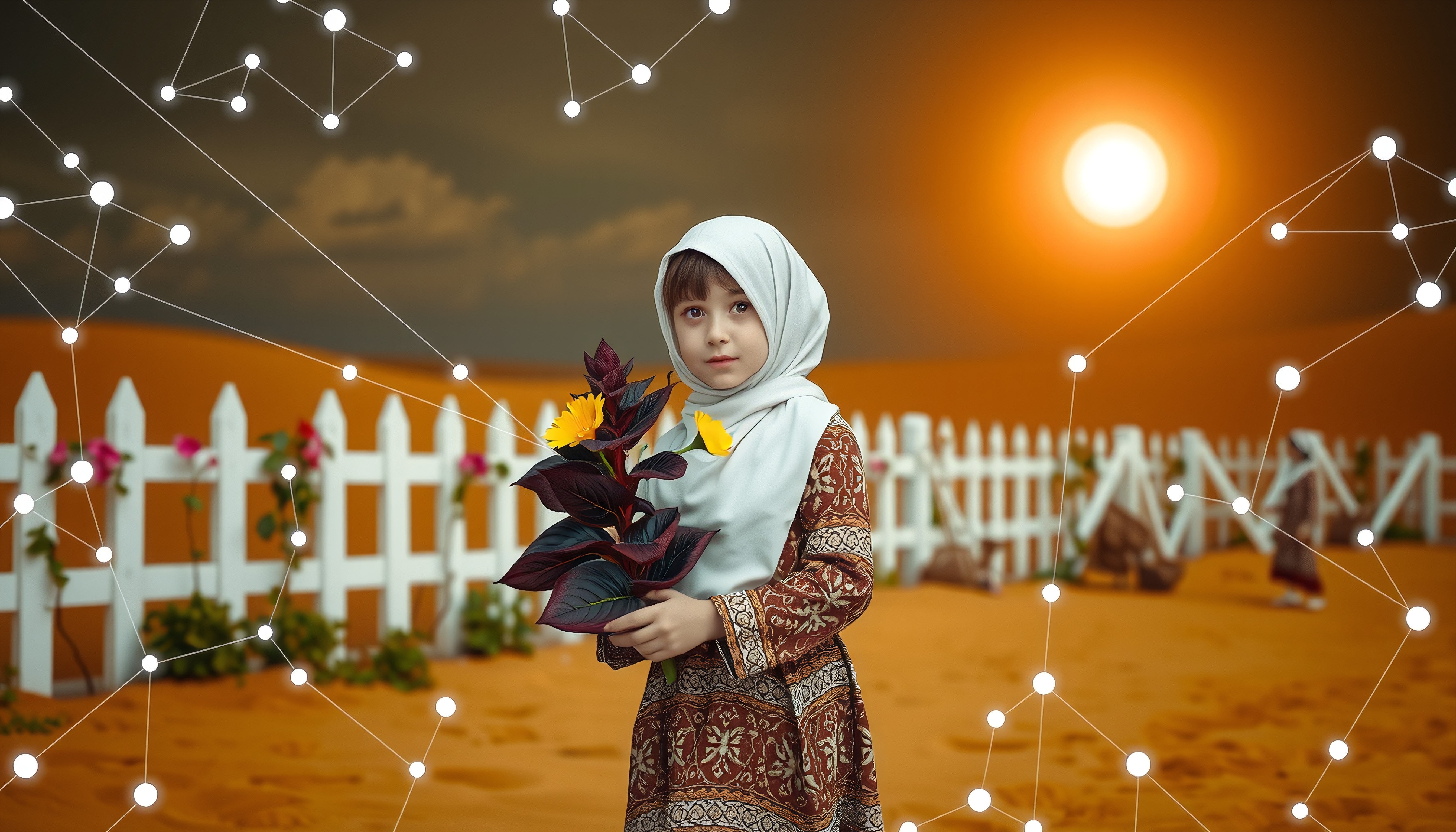 Young girl in traditional clothing holds a bouquet of flowers in a desert at sunset.