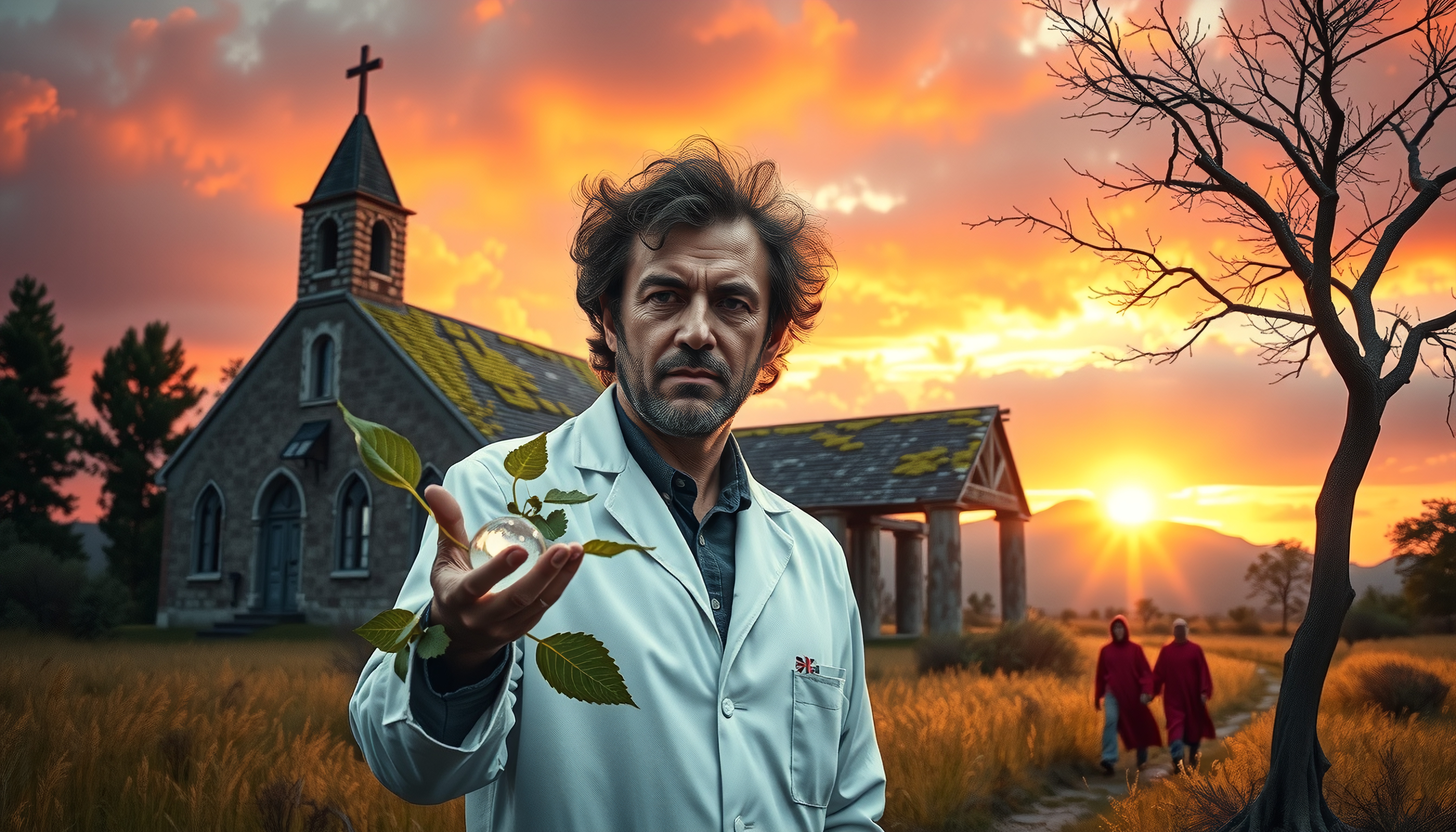 Man holding globe with leaves stands before church at sunset.