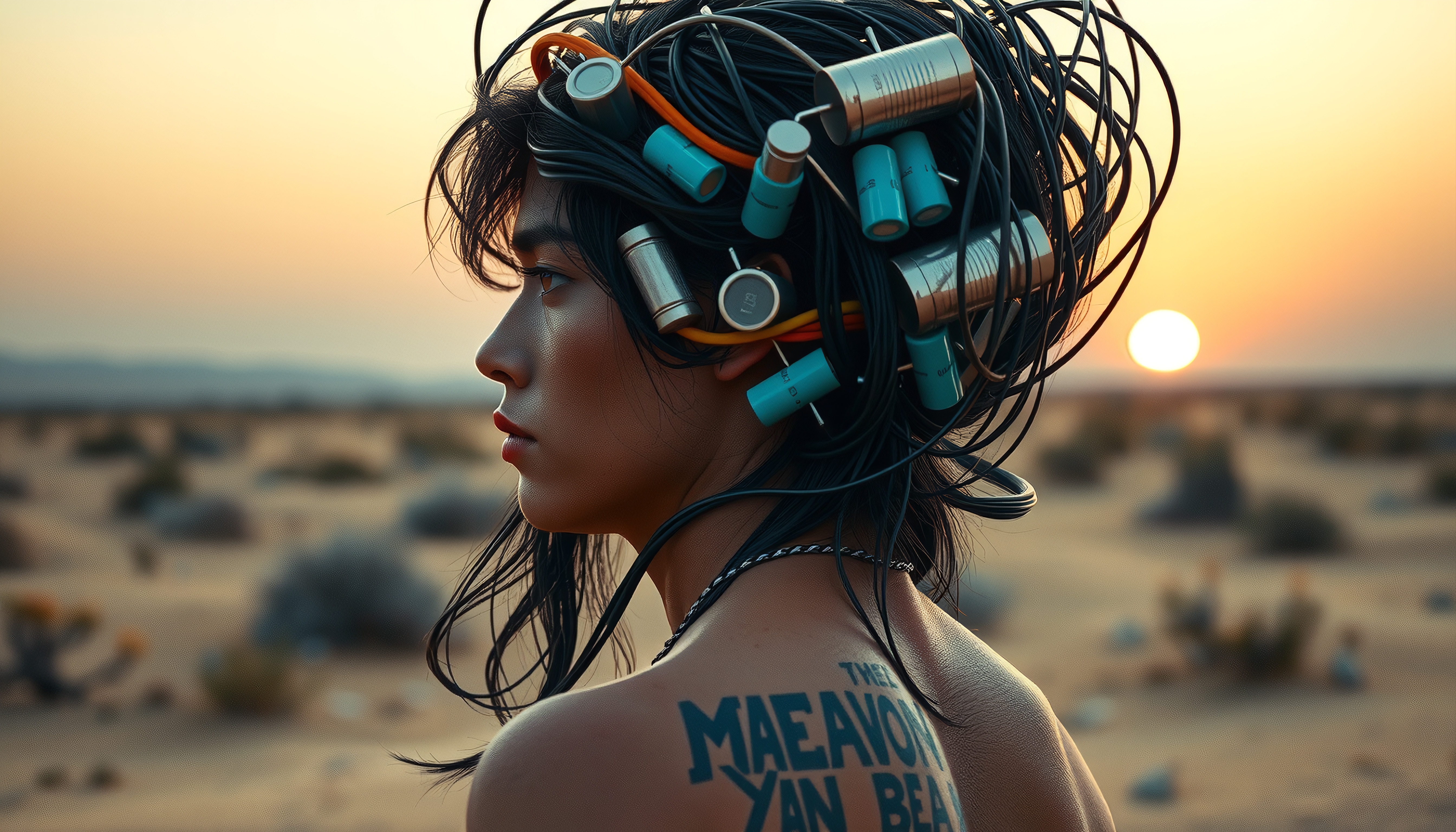 A person with an industrial-themed headpiece stands in the desert at sunset, creating a striking contrast between technology and nature.