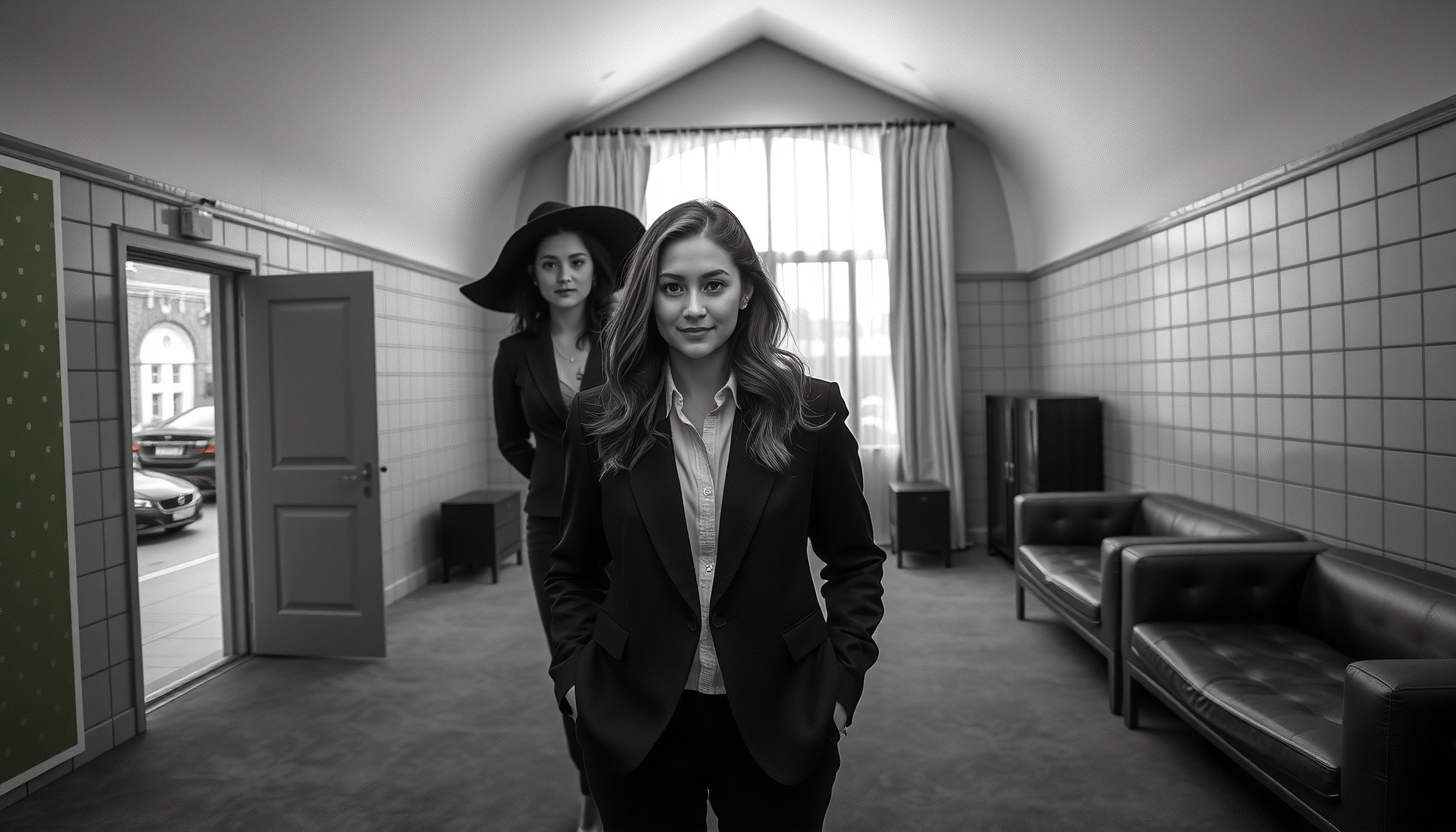 Two women in a modern office setting, one in focus, the other blurred, natural light from a large window, sleek furniture.