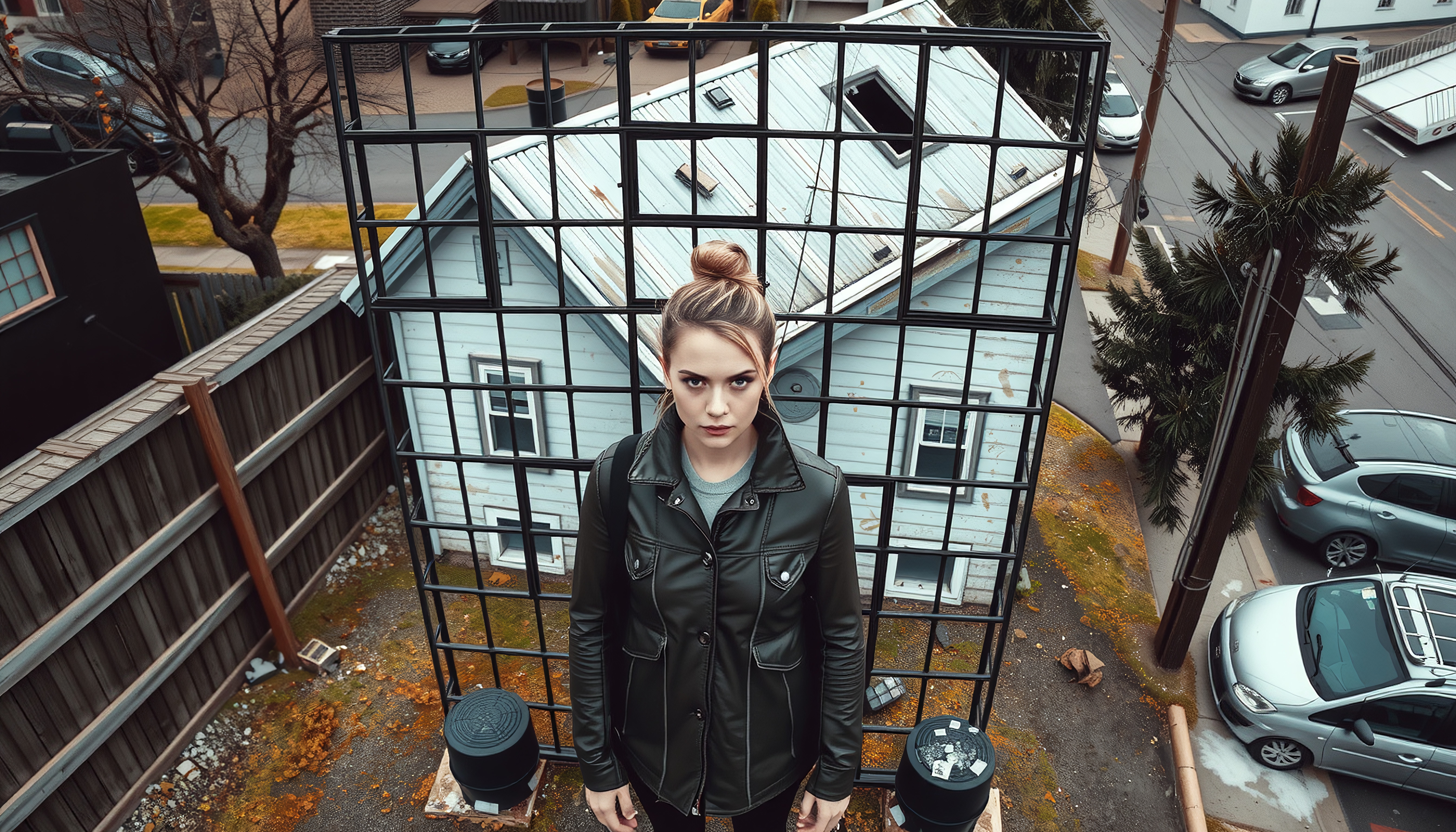 A woman stands in front of a cage-like structure surrounding a house, set against an urban background.