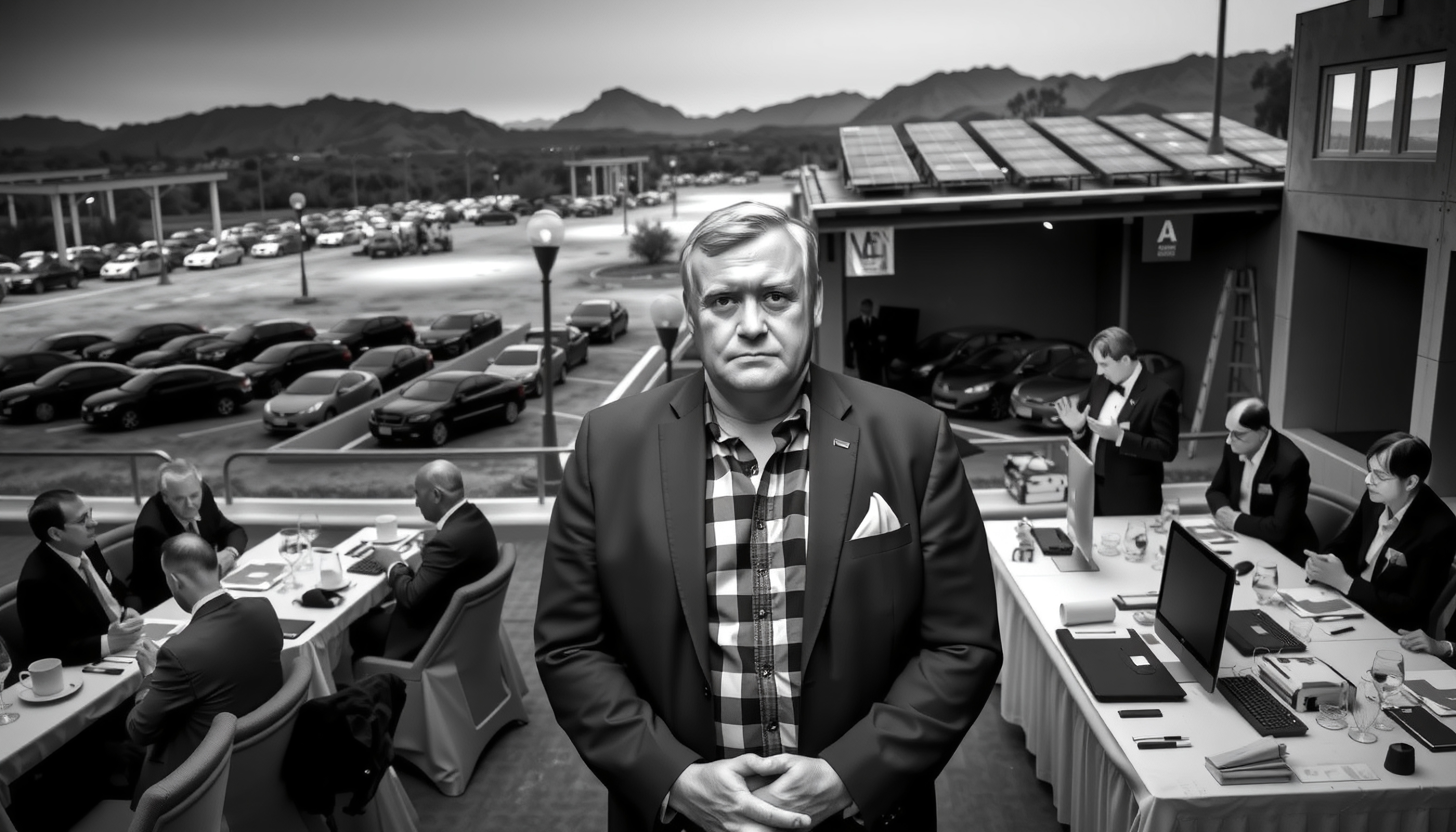 A businessman stands outdoors at a conference with a mountainous backdrop, surrounded by other executives engaging in discussions.