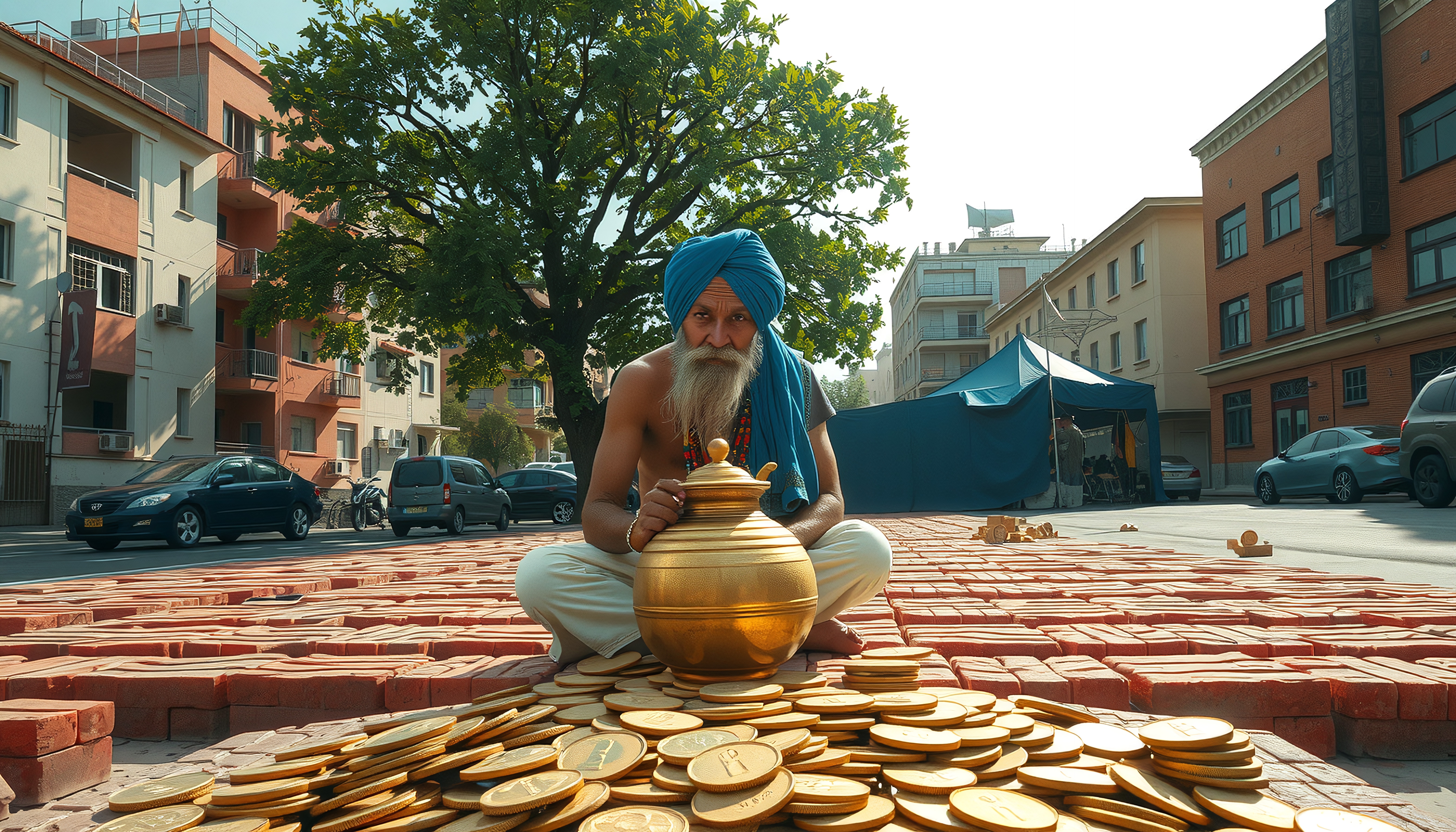 Elderly man with turban surrounded by gold coins on city street.