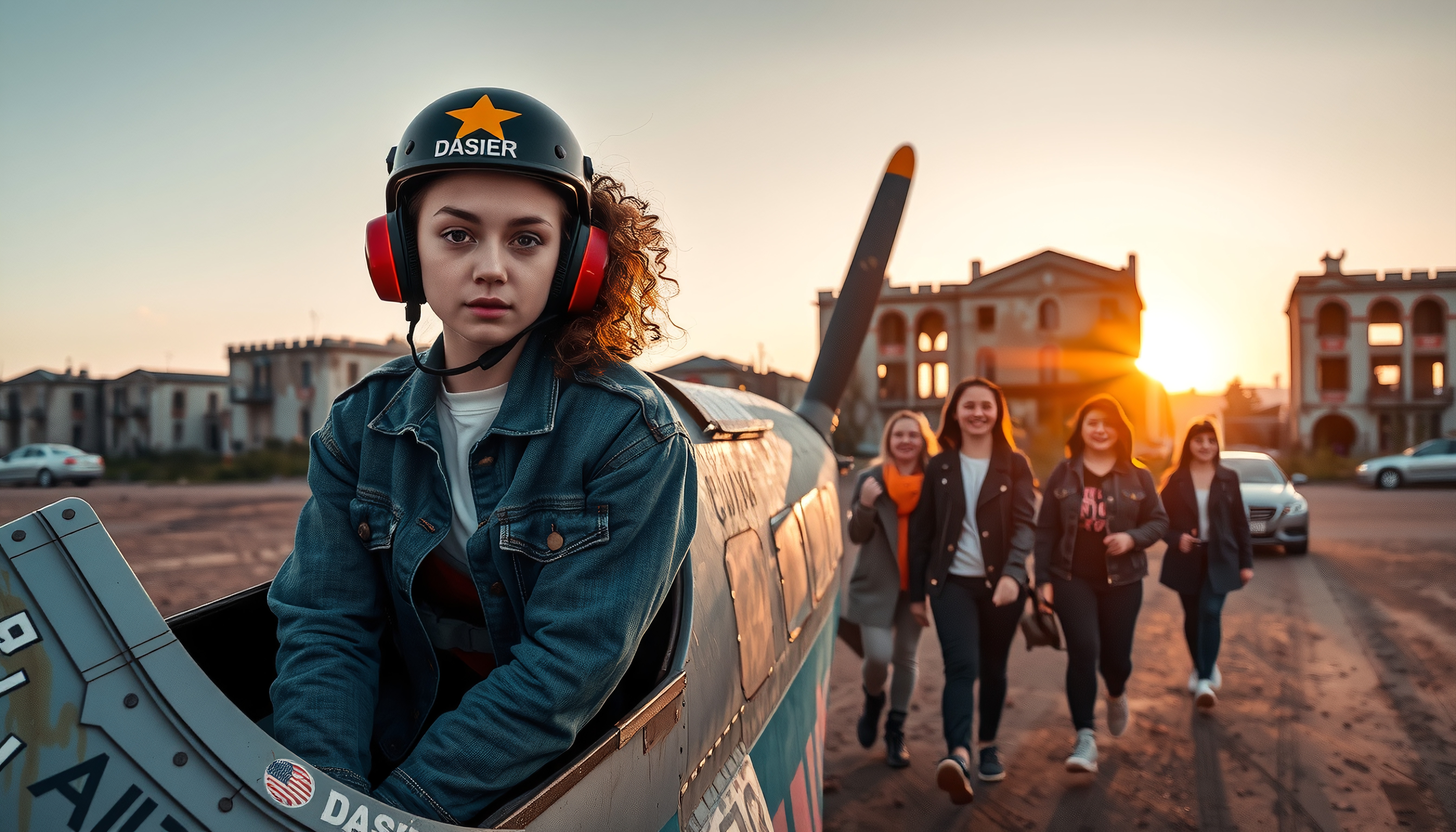Young girl in a toy fighter plane with a sunset backdrop.