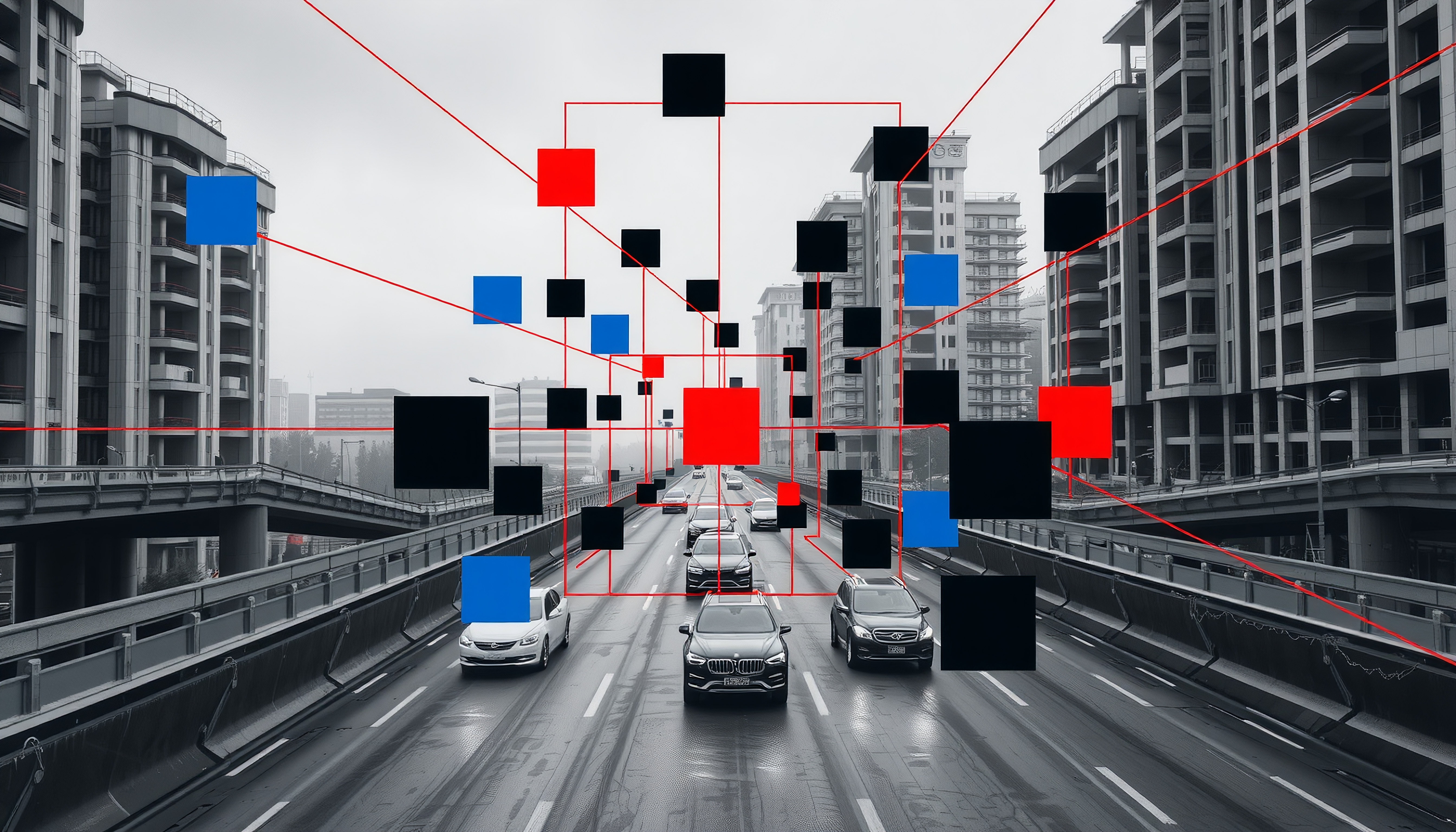 Futuristic cityscape with digital graphics overlaid on busy highway traffic