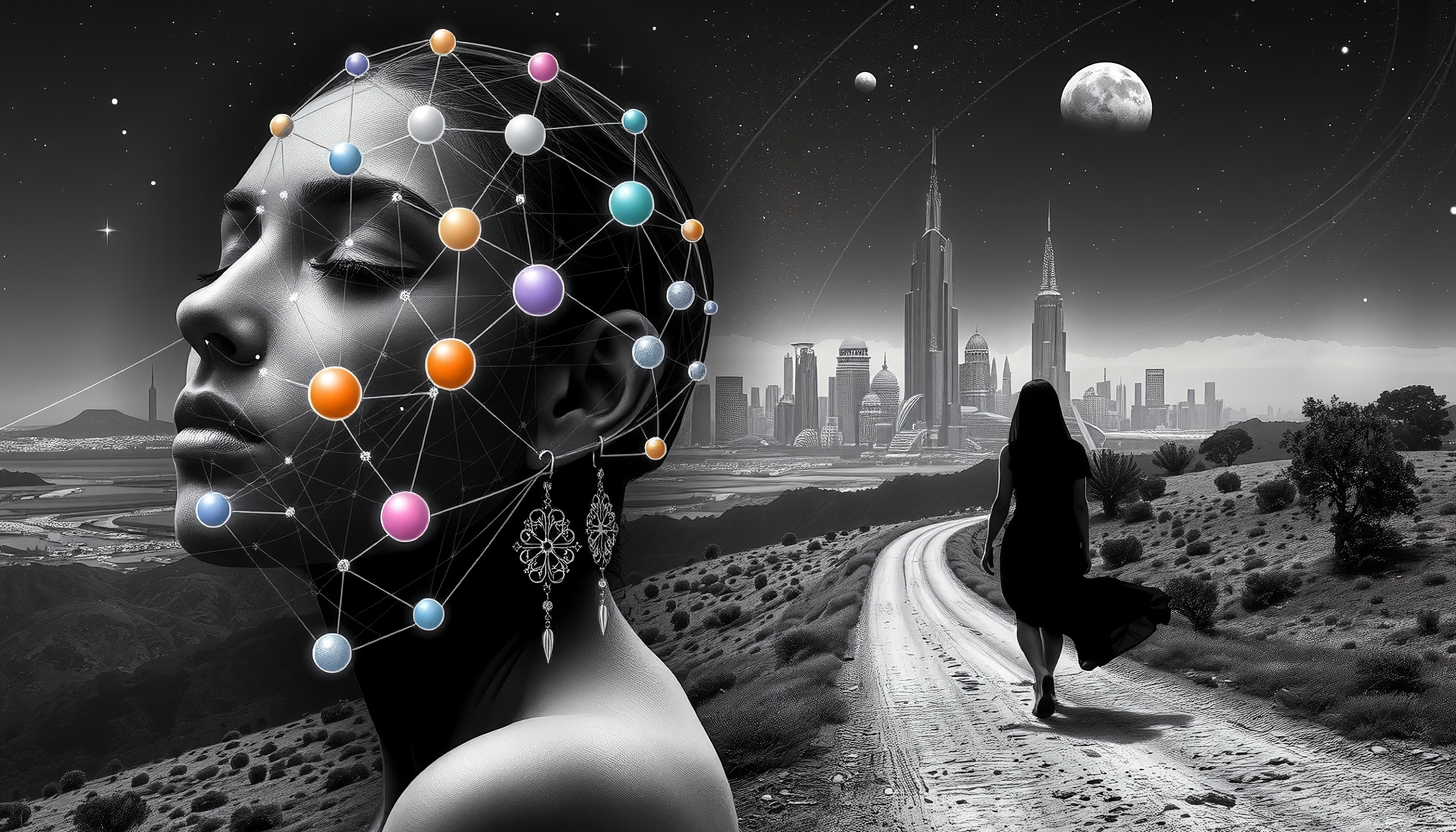 Surreal image of woman and cityscape under starry sky with futuristic elements and network matrix.