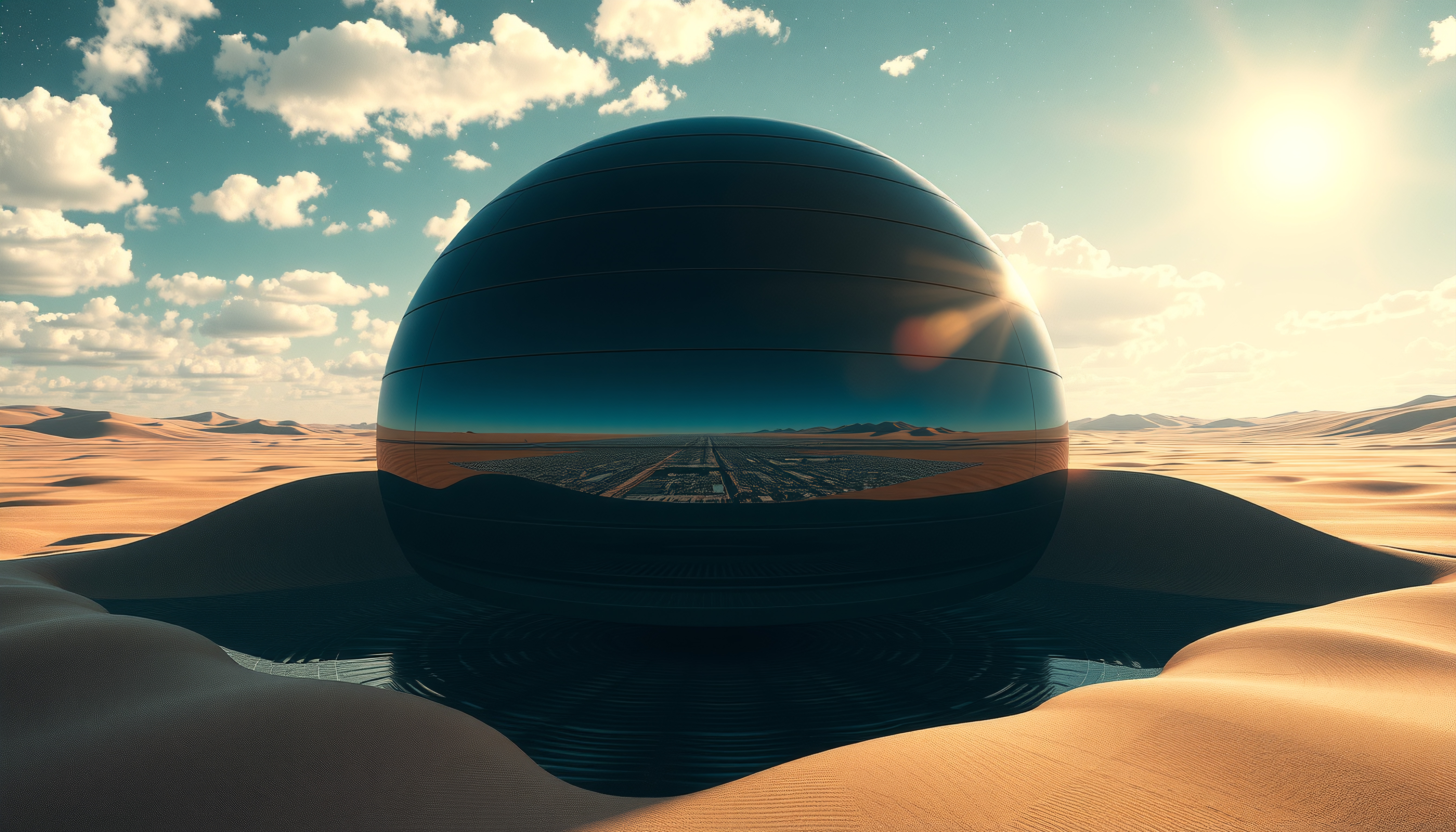 Futuristic reflective sphere amidst desert landscape.