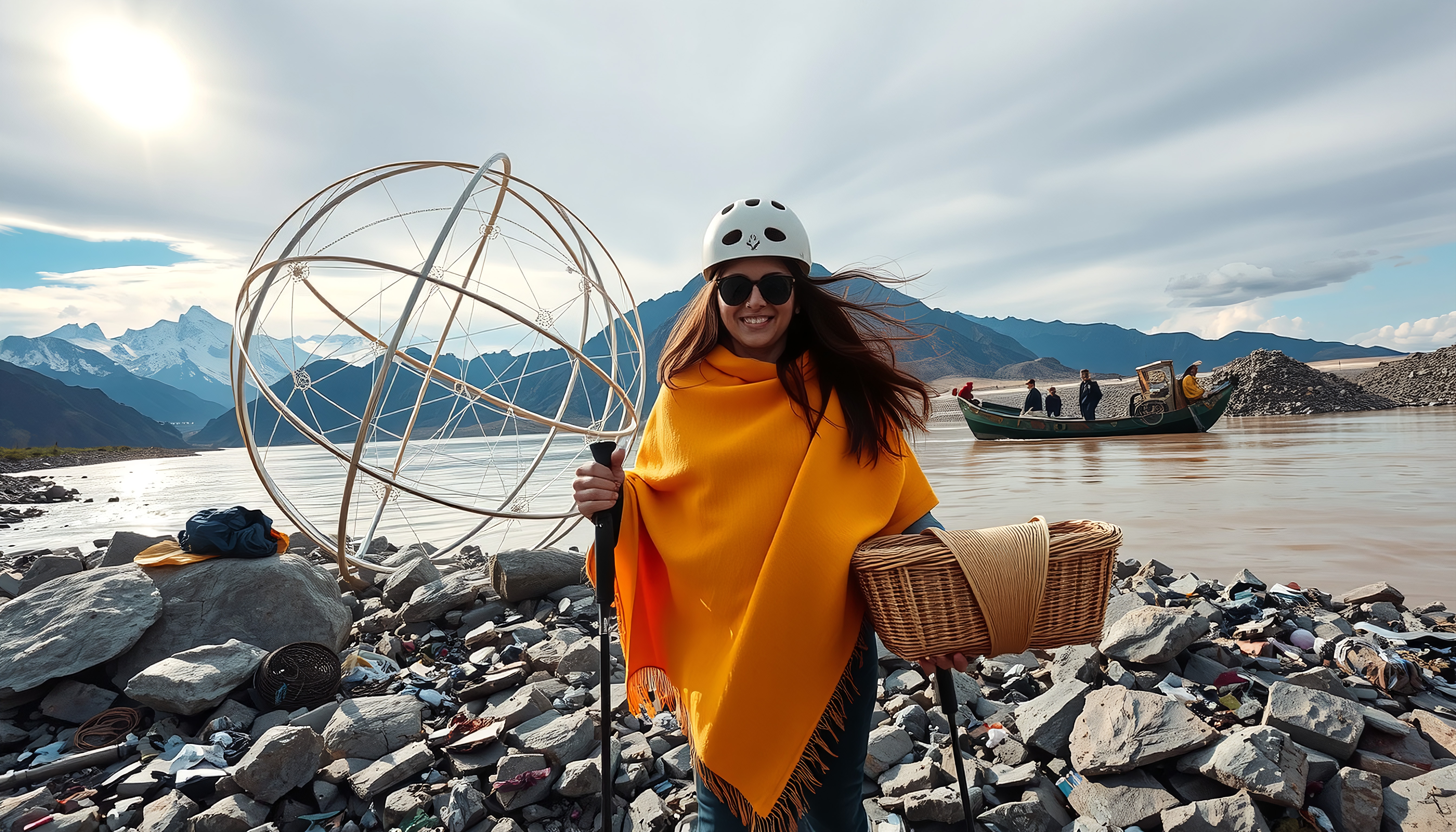 A woman in a yellow poncho with a metal sculpture and mountainous backdrop by a river.