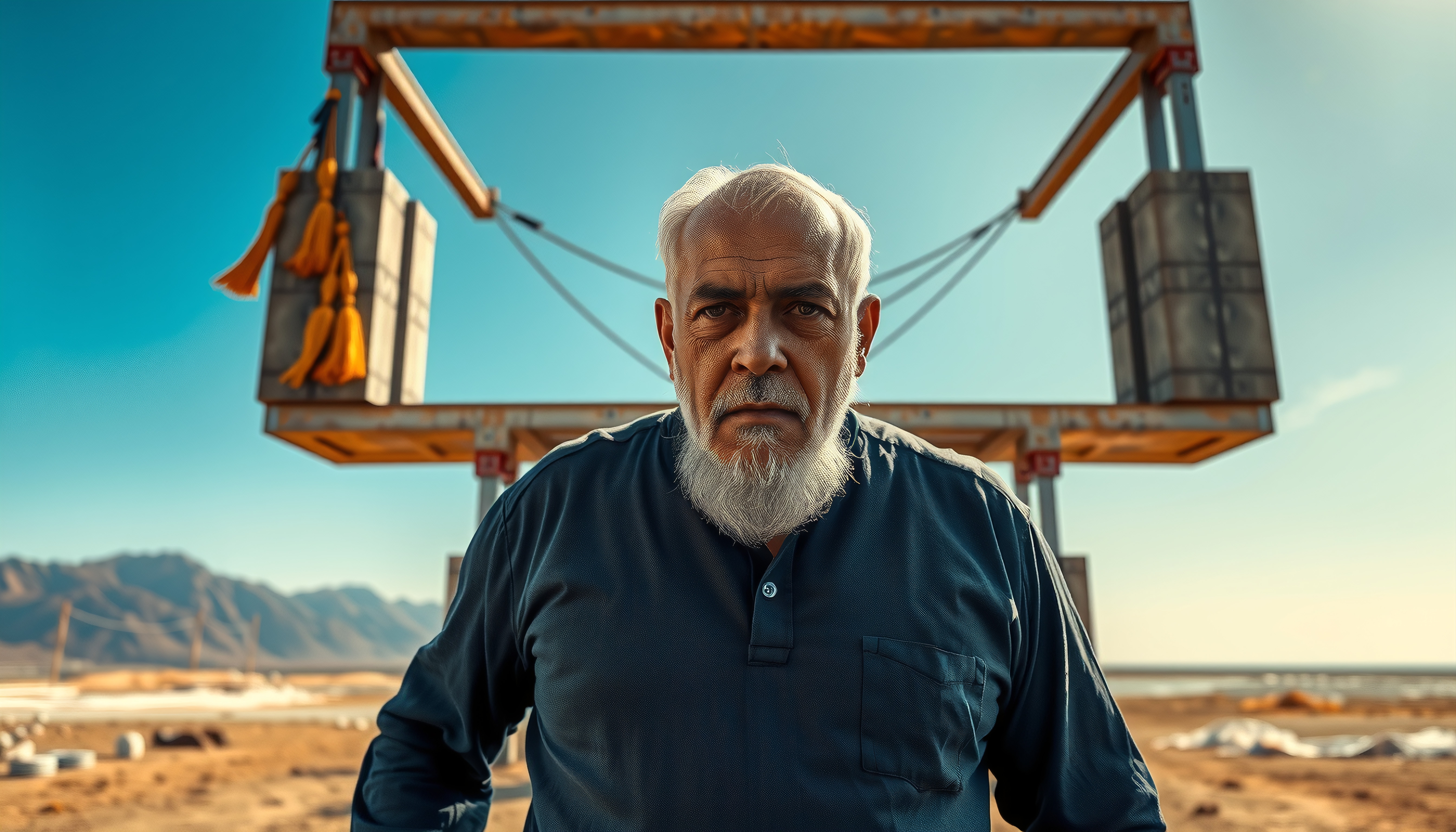 An elderly man with a white beard stands in front of a large metal structure adorned with tassels under a clear sky.