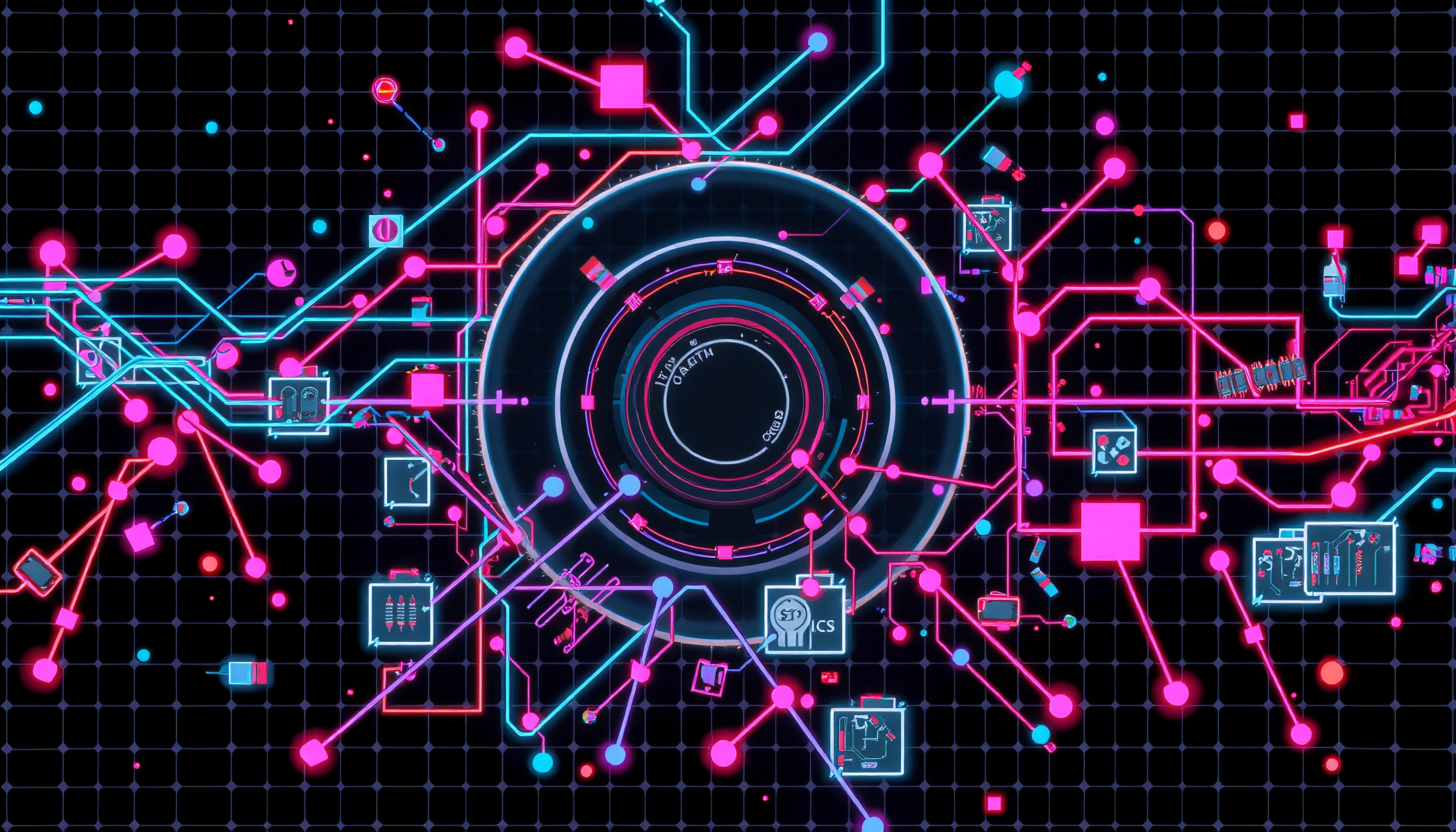 This image depicts a futuristic digital circuit interface with neon blue and pink lines on a dark grid, illustrating a complex network design.