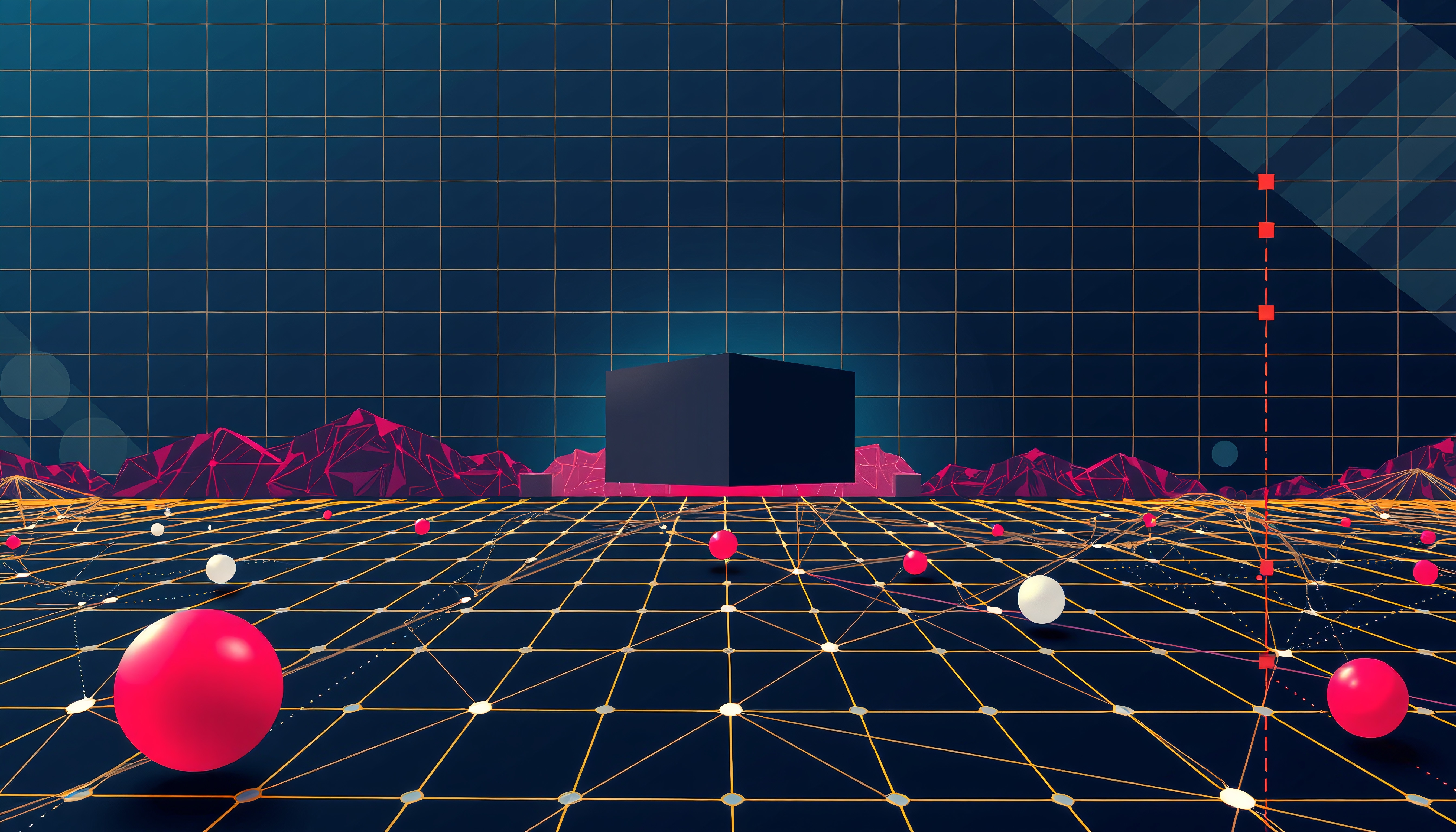 Futuristic scene with digital grid, vibrant spheres, and mysterious cube.