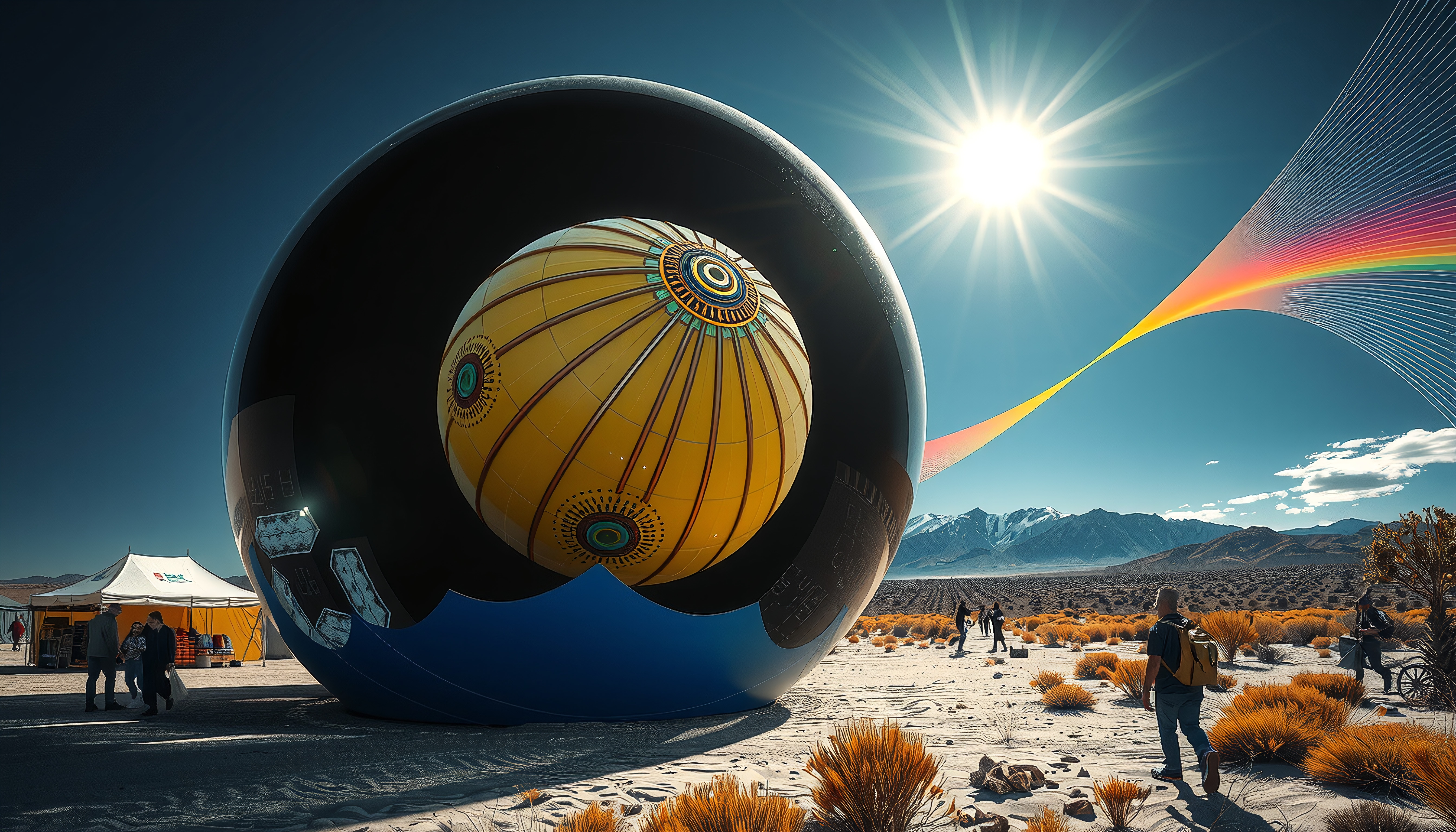 A futuristic spherical installation in a desert landscape with mountains and vibrant colors under a bright sun.