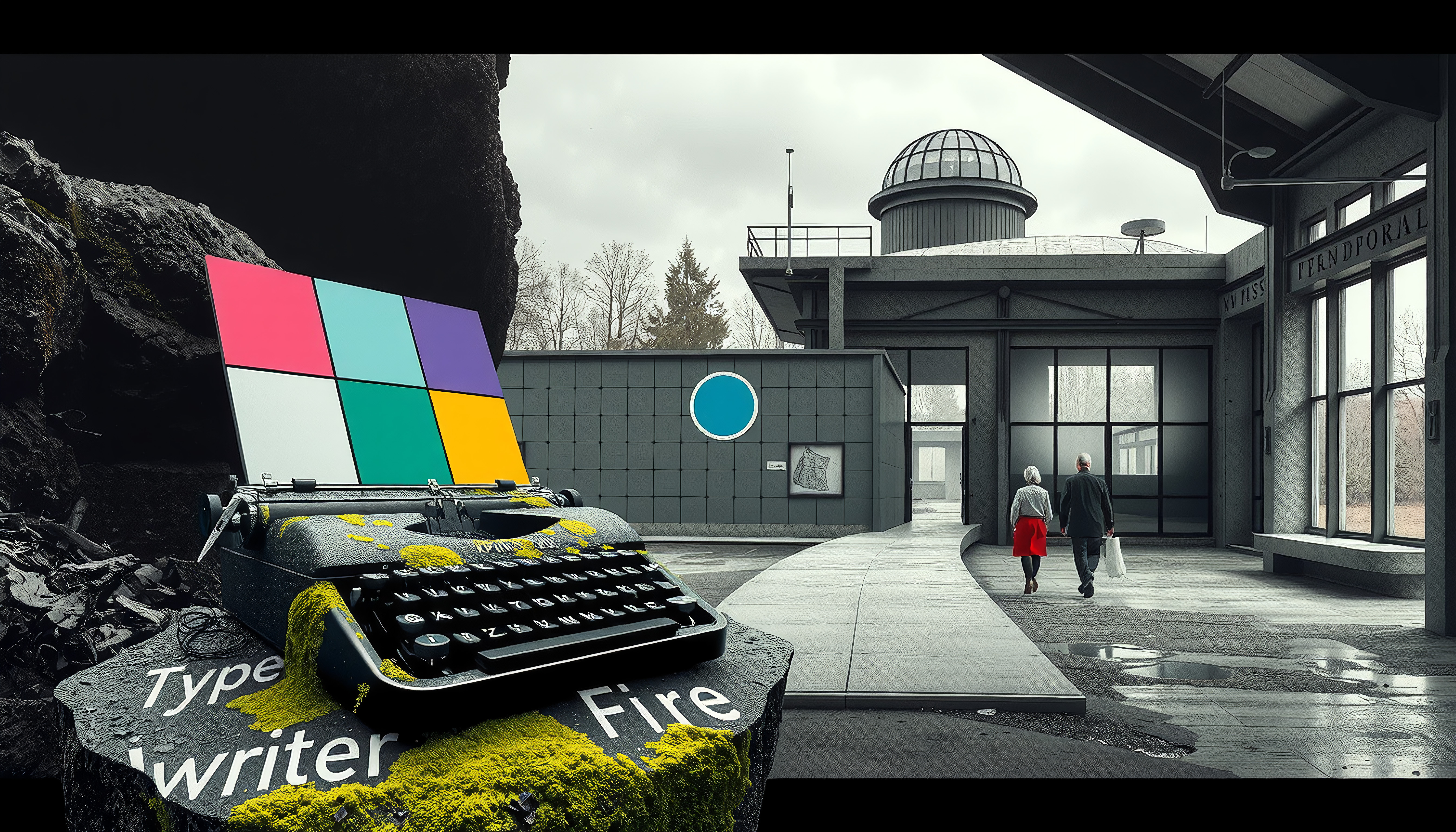 Vintage typewriter on mossy rock beside futuristic building where two people walk away into misty doorway