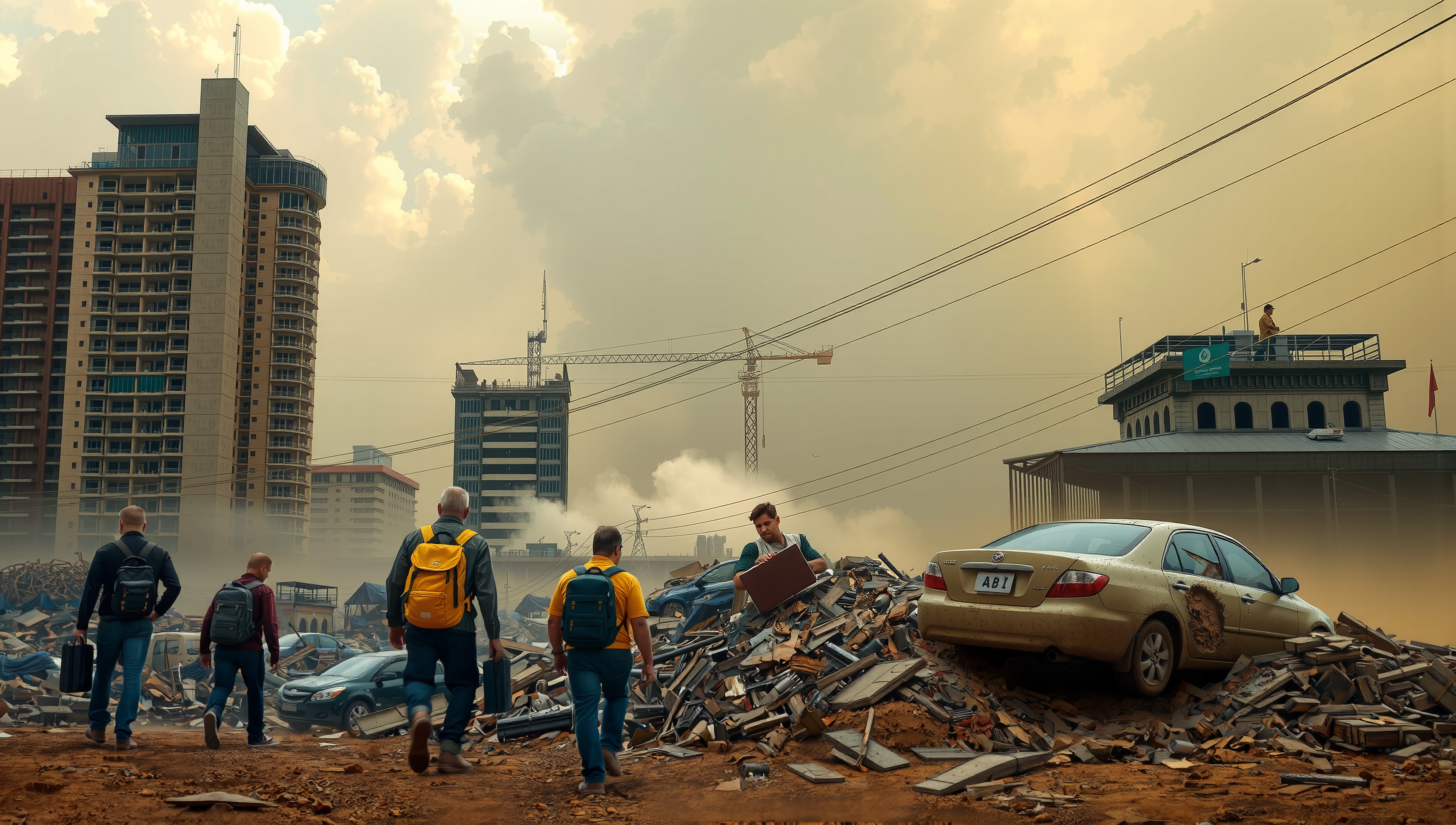 A group exploring urban devastation with backpacks and suitcases, under cloudy skies, amidst rubble and tall buildings.
