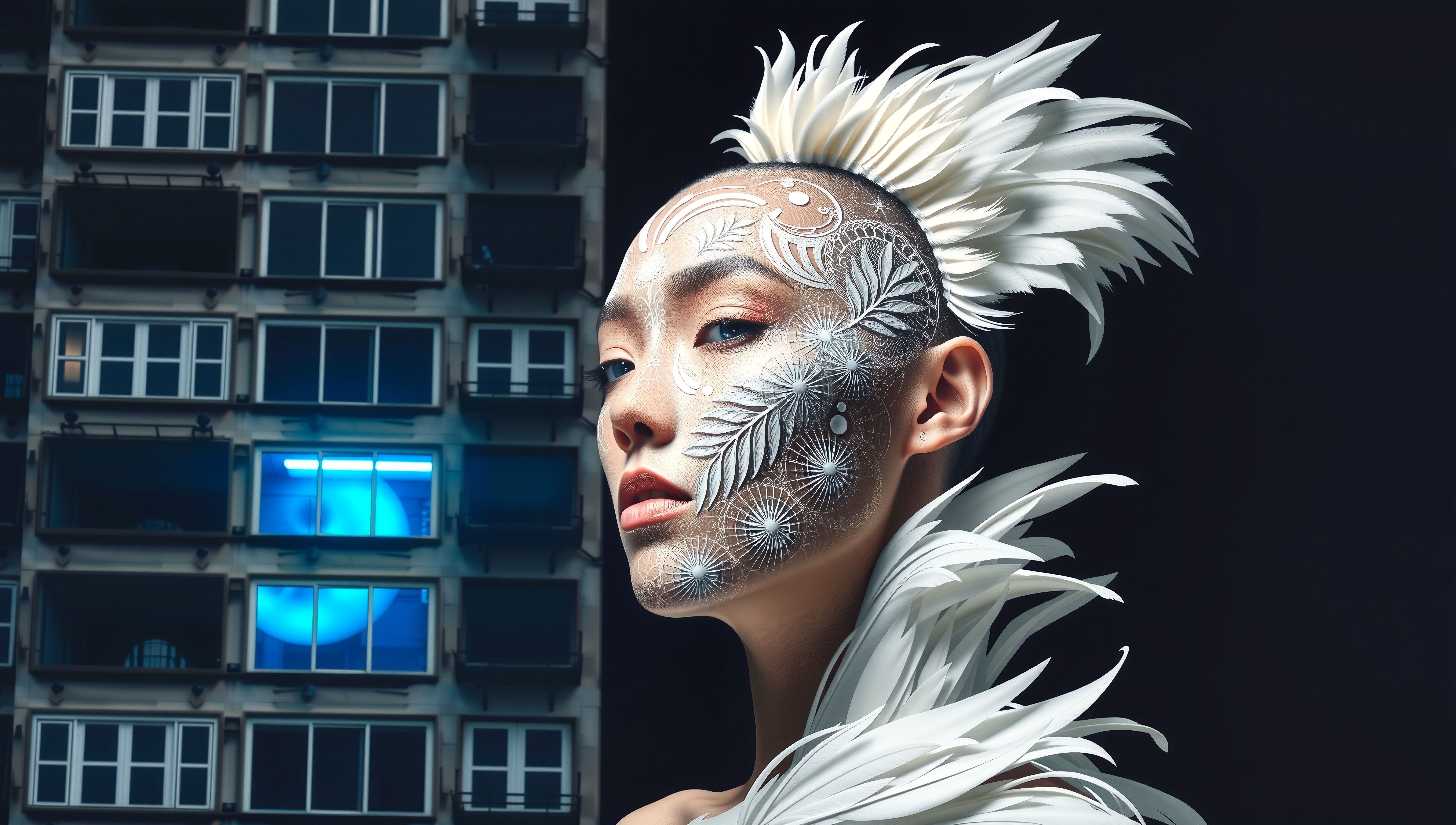 A person with intricate face paint and feathered headdress set against an illuminated urban backdrop.