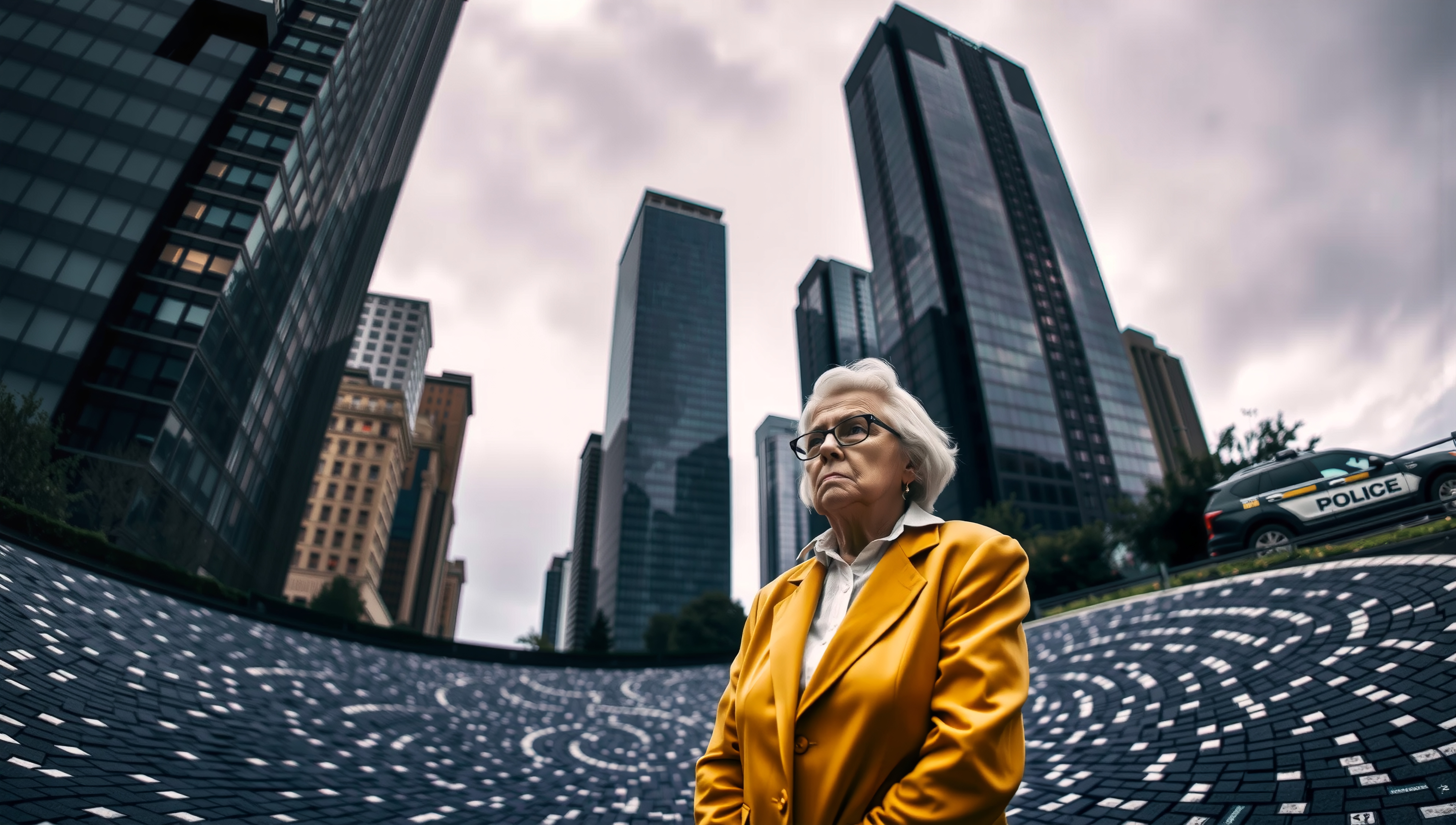 Elderly woman in yellow jacket standing in cityscape with tall buildings and police car.